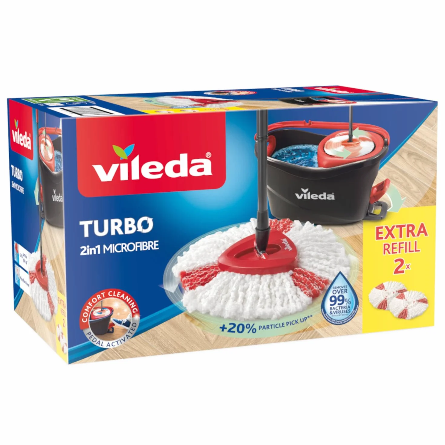 Vileda Easy Wring/Clean Turbo Zestaw Miotły z Wiadrem + 2 Wkłady, Szary/Czerwony, 45 x 27 x 27 cm