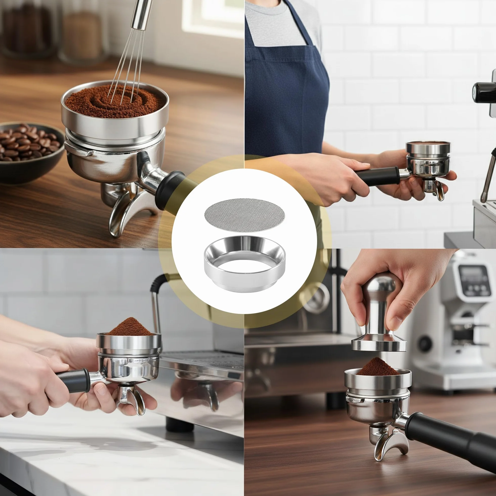 Pierścień dozujący do kawy 51 mm z sitkiem puck 51 mm, magnetyczny lejek dozujący, akcesoria do espresso dla baristy, domu, dokładne napełnianie zmielonej kawy (stal nierdzewna)