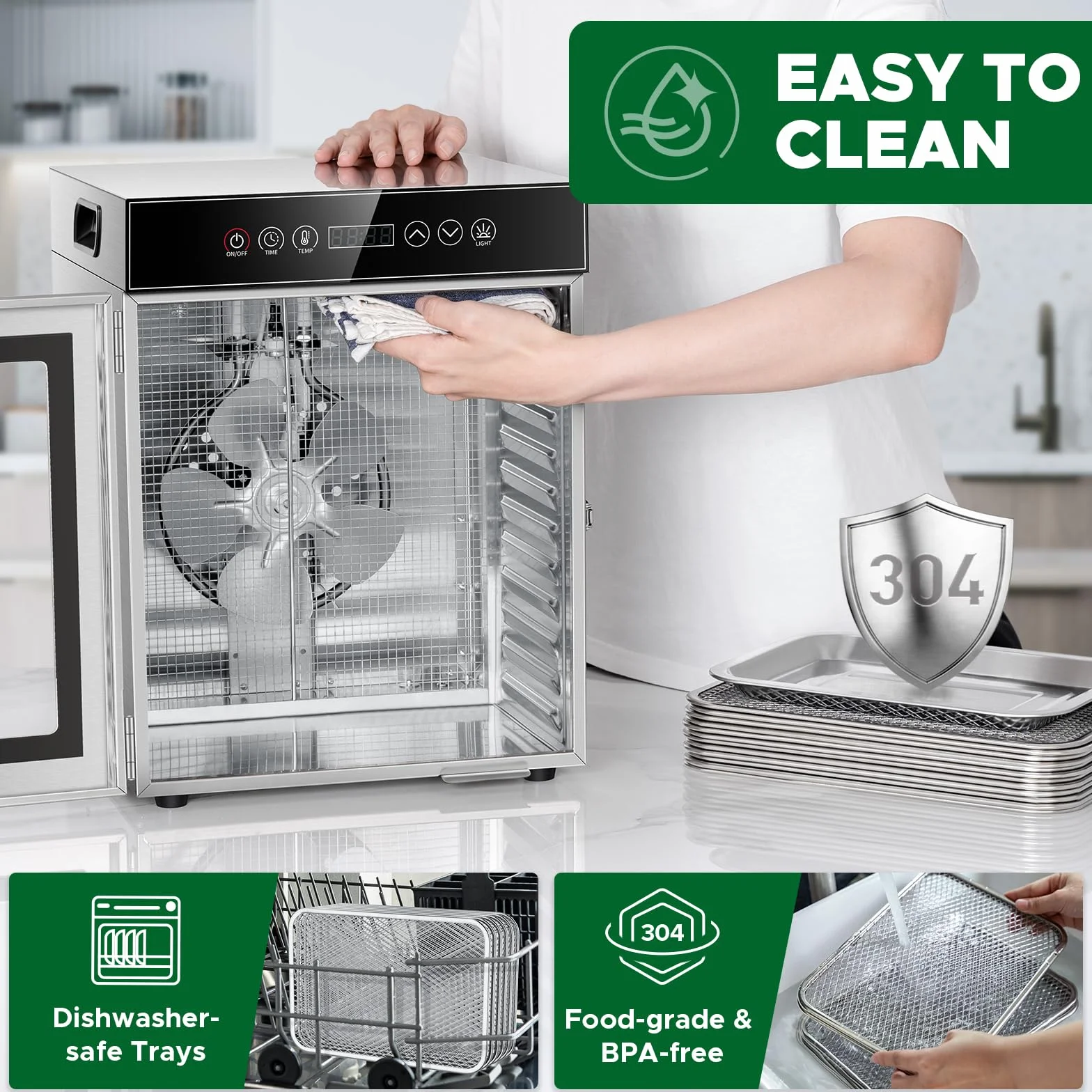 Kwasyo Odwadniacz żywności, 12 tac, odwadniacz ze stali nierdzewnej 750 W, suszarka do żywności UK z cyfrowym timerem i regulacją temperatury, ochrona przed przegrzaniem, książka z przepisami w