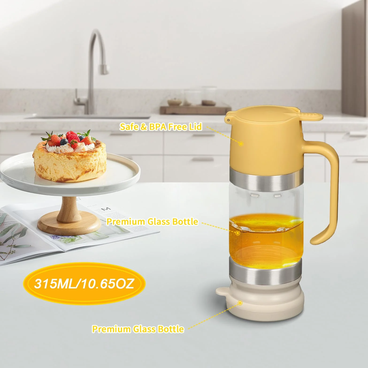 Tefola Dozownik miodu szklany do miodu 315 ml, garnek do miodu z uchwytem, dozownik miodu bez kapania, do kawy lub herbaty, nadaje się do miodu, syropu, syropu klonowego