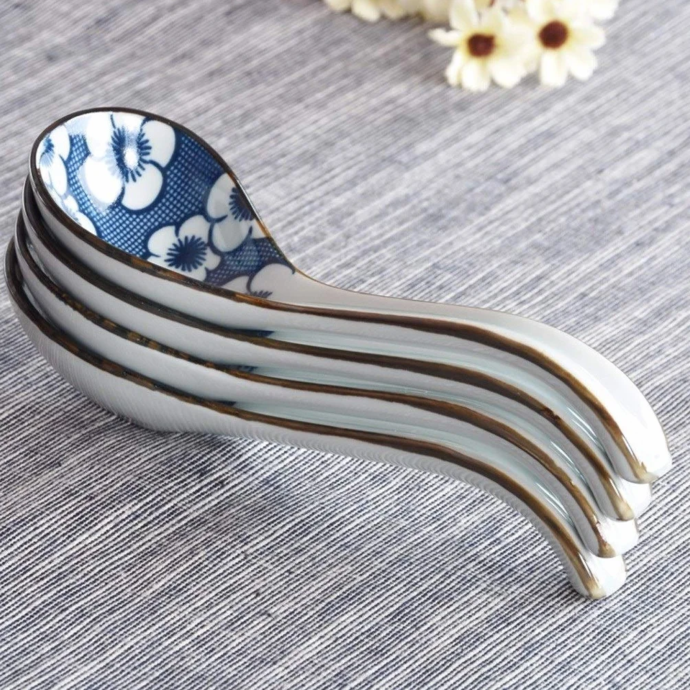 Łyżki do zup Japoński styl długi uchwyt łyżka domowy ceramiczny łyżka kolacja łyżka z niebieskim wzorem kreatywny stołowe wysokiej temperatury odporne na niski poziom 4 paczka Łyżki deserowe (Color :