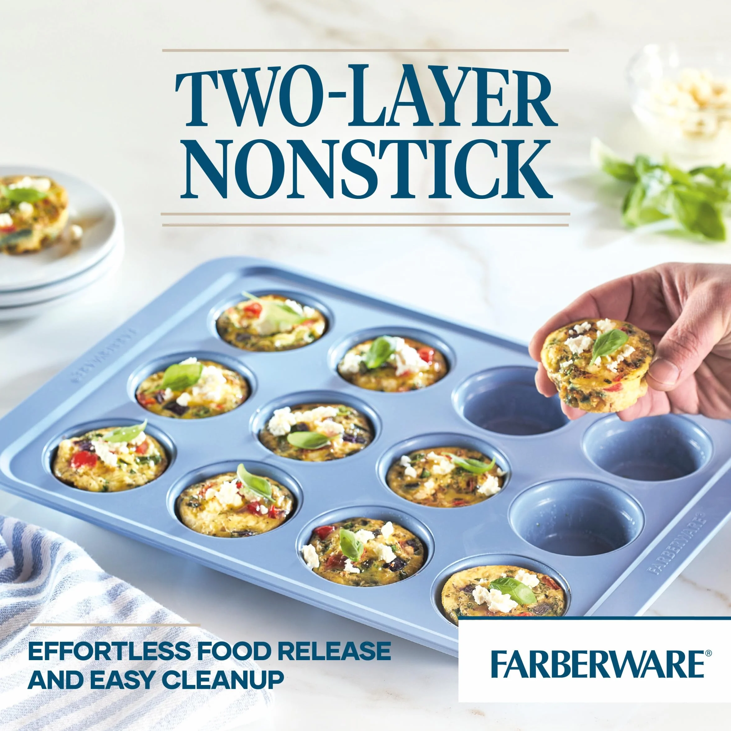 Farberware Easy Solutions nieprzywierająca forma do pieczenia muffinek/babeczek, 12 filiżanek z liniami wypełniającymi - niebieska