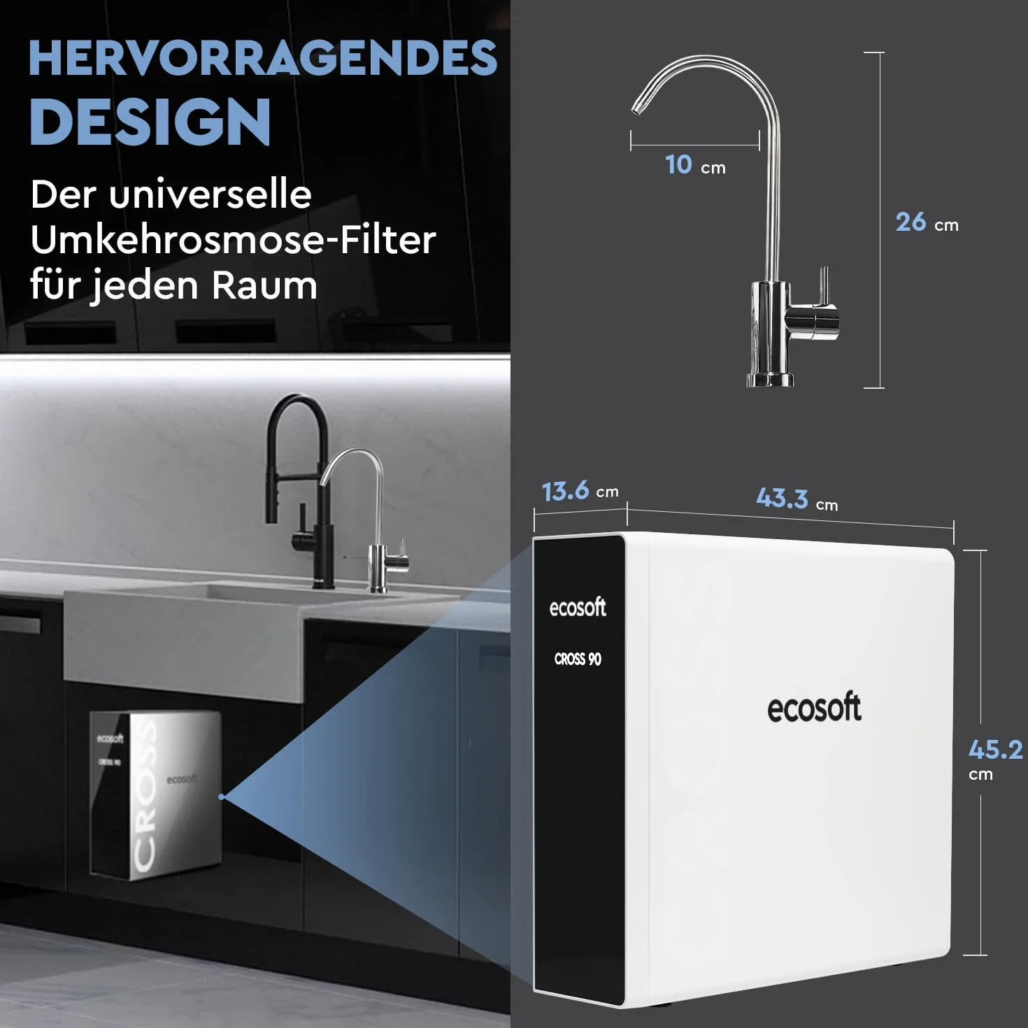Ecosoft CROSS90 Osmoseanlage | Smart LED Anzeige | entfernt 99 % PFAS, Mikroplastik & Schwermetalle | kompakt & wartungsfreundlich | Entkalkungsanlage | Wasserfilter System