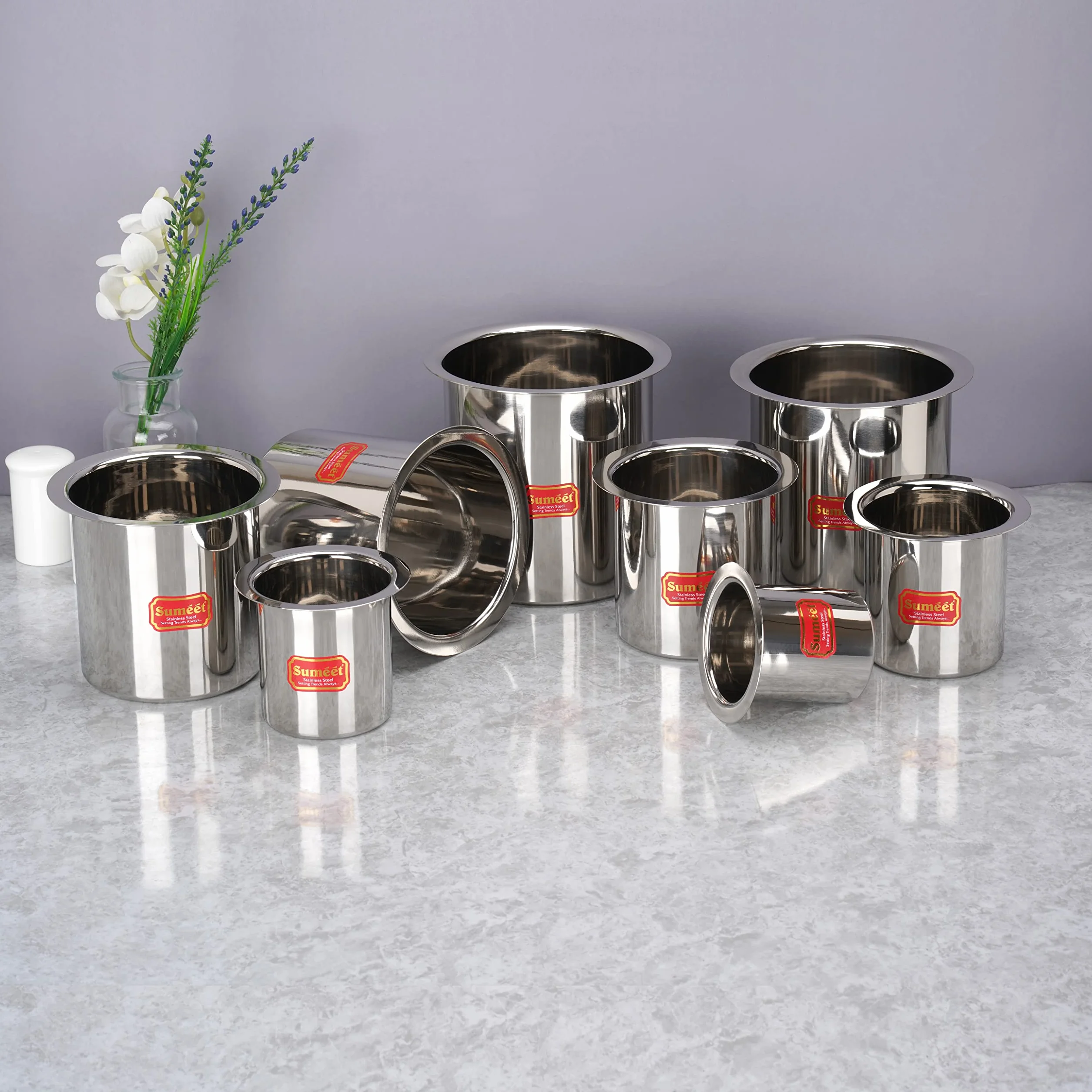 Sumeet Ganj ze stali nierdzewnej / kocioł na mleko, dzbanek na mleko, długie tapeli, zestaw 8 sztuk (400 ml, 550 ml, 750 ml, 1150 ml, 1450 ml, 1800 ml, 2250 ml, 2700 ml), srebrny