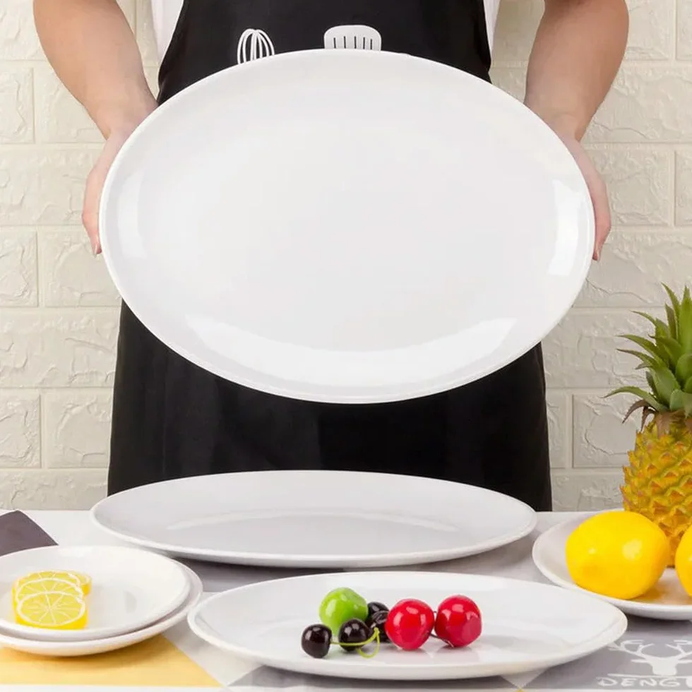 Zestaw owalnych białych talerzy melaminowych – 23-35 cm imitacja porcelany zastawa obiadowa trwałe płaskie tace na steky do kuchni i hotelu jadalni elegancka zastawa stołowa