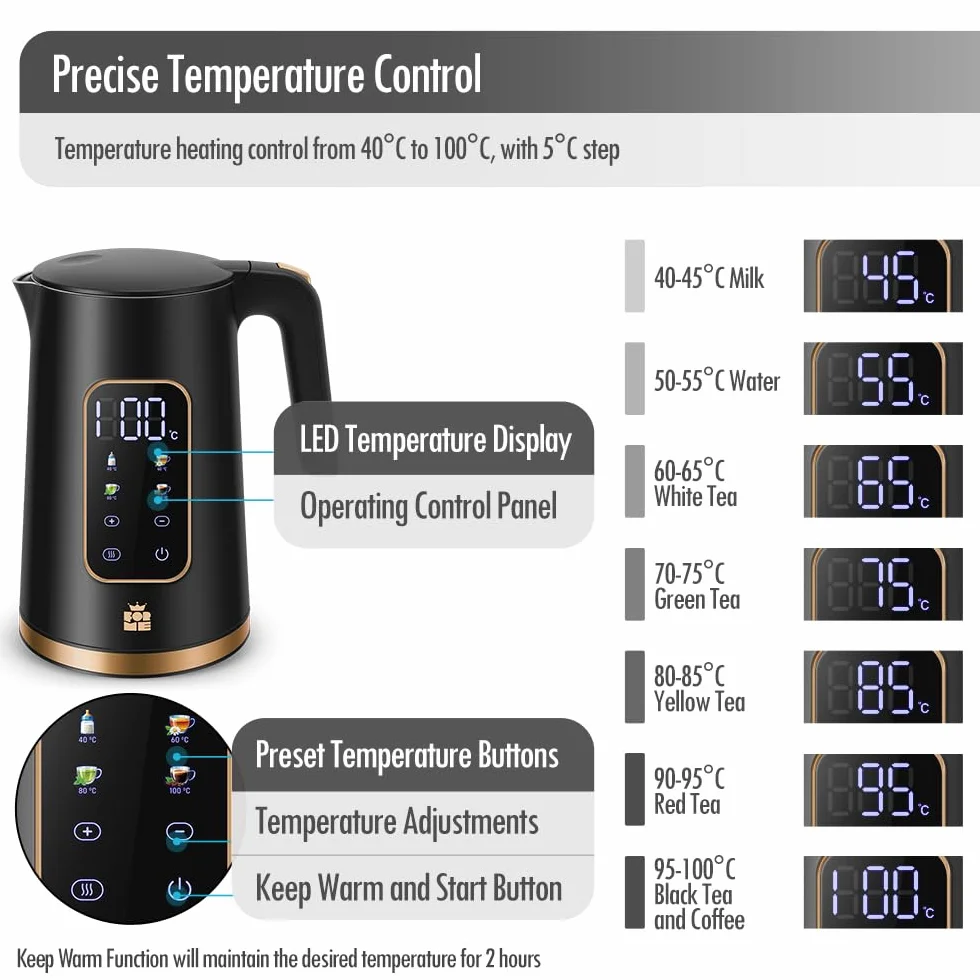 ForMe Czajnik Elektryczny Stal Nierdzewna 1,7 L, Regulacją Temperatury, Wybór Temperatury 40-100°C, Cyfrowy Wyświetlacz Temperatury, Funkcja Utrzymywania Ciepła, Automatycznego Wyłączania, IBez BPA