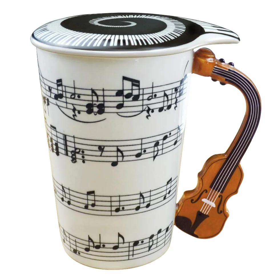 EYMPEU Muzyczny kubek do kawy z pokrywką i uchwytem w kształcie skrzypiec, 450ML zabawny kubek do kawy, herbaty, wody, prezent dla miłośnika muzyki/nauczyciela/przyjaciela