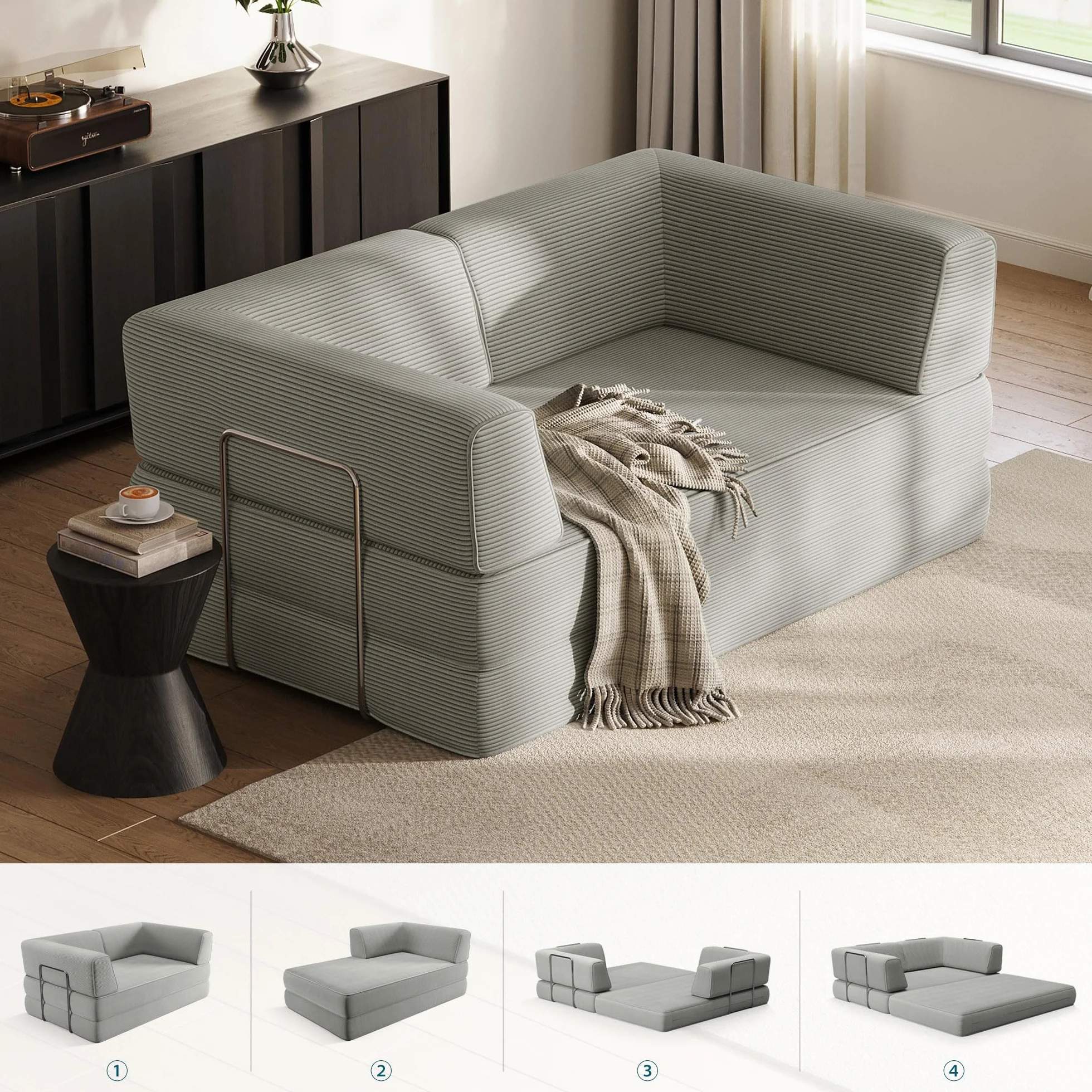 LINSY HOME Sofa z funkcją spania – sofa podłogowa z poduszką na plecy – rozkładana sofa do spania o szerokości 160 cm – tkanina sztruksowa do salonu, sypialni