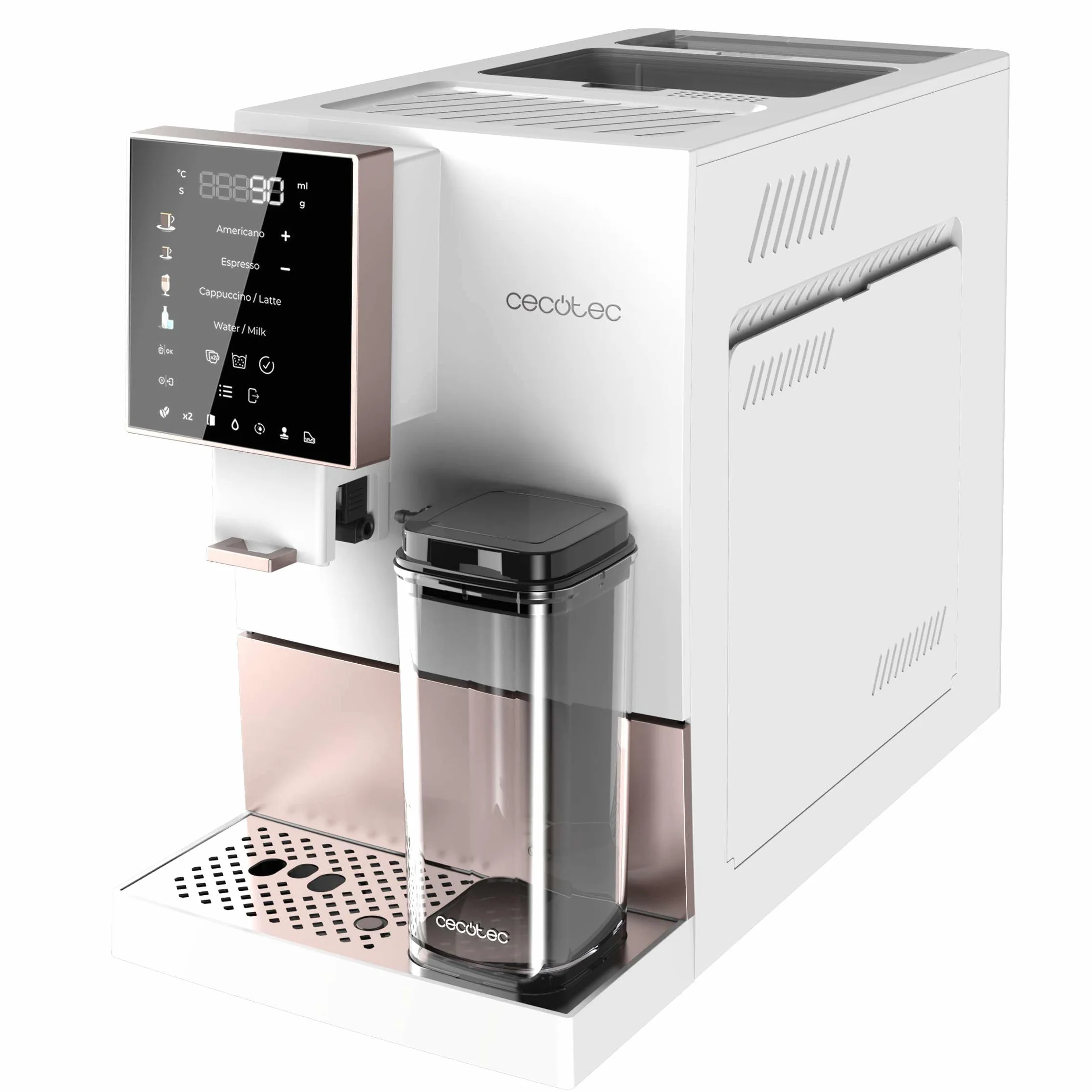 Cecotec Cremmaet Compactccino White Rose, Superautomatyczny ekspres do kawy, 19 barów, system Thermoblock, świeżo zmielone ziarno z Plug&Play, Zbiornik 150 g kawy z młynkiem, 1,1 l wody, 400ml mleka