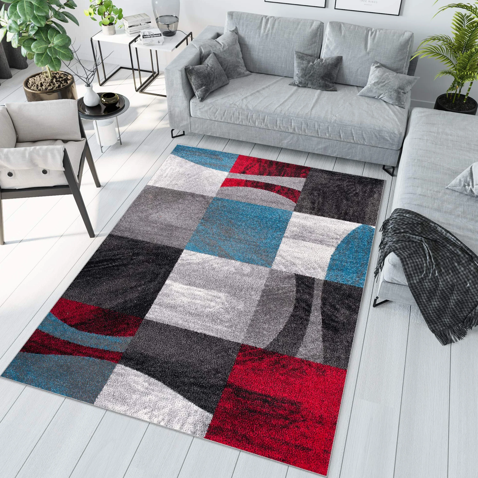 Tapiso Jawa dywan z krótkim włosiem, designerski, szary, czerwony, niebieski, wielokolorowy, z abstrakcyjnymi paskami, wzór w kratkę, kwadratowy wzór, idealny do salonu, pokoju gościnnego, Ökotex 140 x 190 cm
