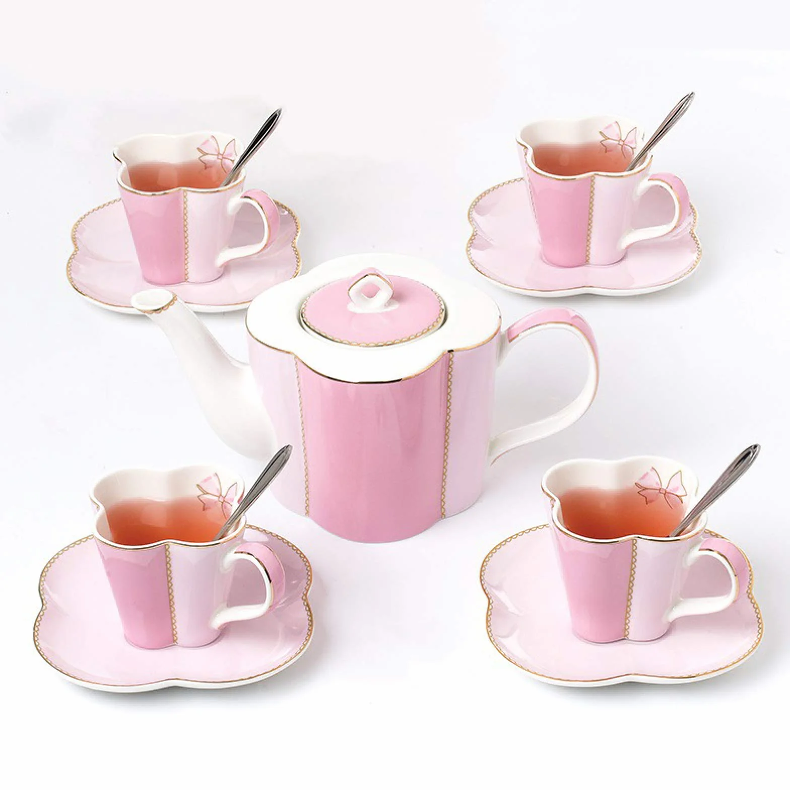 Herbaty i talerze, Porcelanowe ceramiczne zestawy upominkowe do kawy i herbaty Filiżanka kawy do serii 4 Czajniczek z porcelany kostnej z filiżankami i łyżeczkami Urodzinowe prezenty ślubne