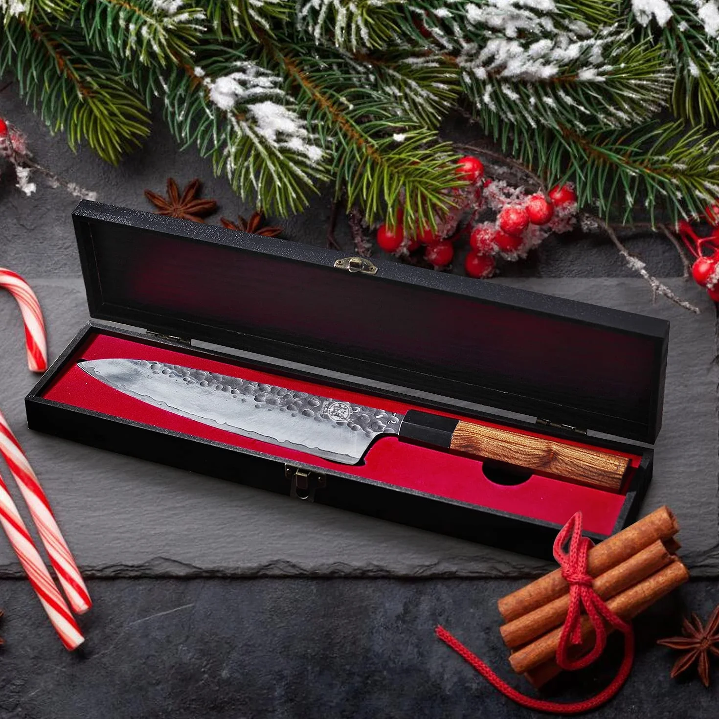 MITSUMOTO SAKARI 22 cm Japoński Nóż Kuchenny, Nóż Szefa Kuchni z Wysokowęglowej Stali Nierdzewnej, Ręcznie Kuty Profesjonalny Nóż Gyotou(Uchwyt z Drewna Różanego)