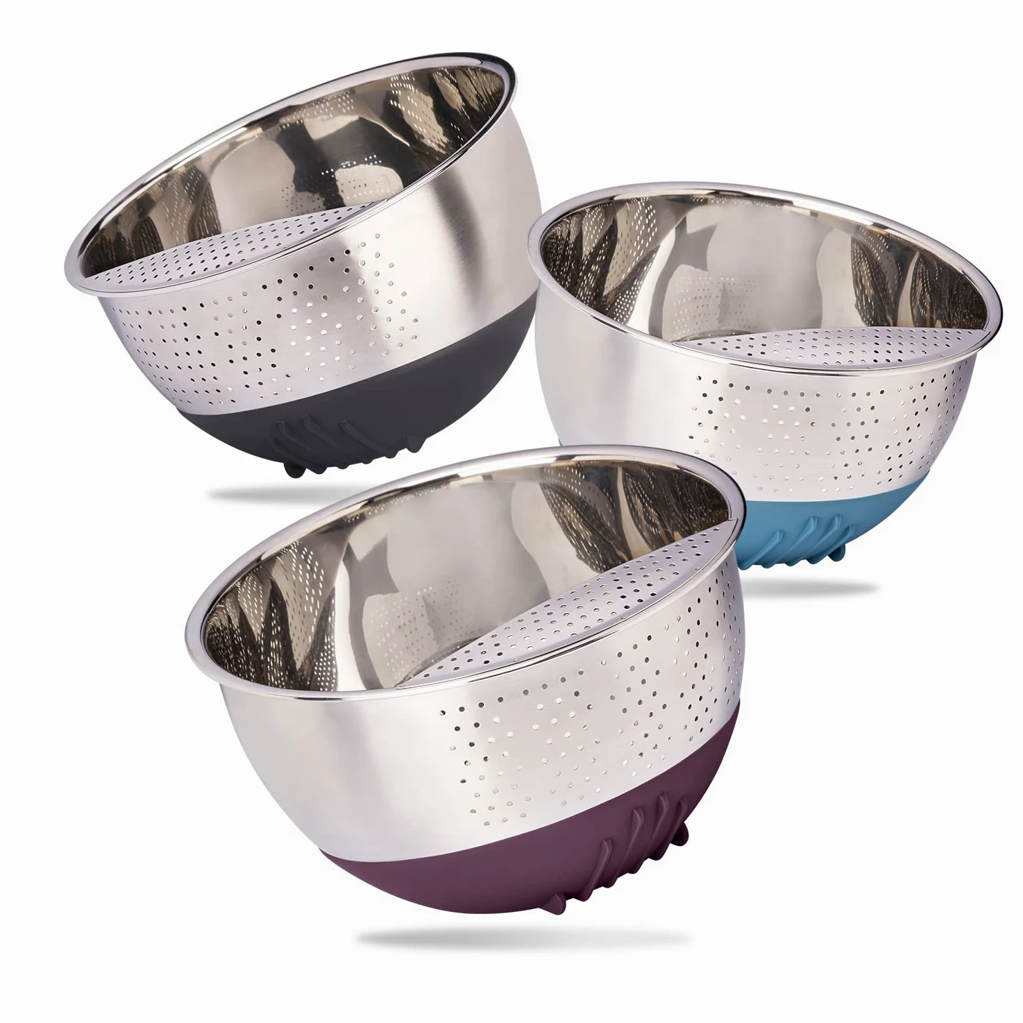 REISHUNGER Miska do mycia ryżu i sitko do warzyw ze stali nierdzewnej (oberżyna) – sitko do mycia ryżu i warzyw – z antypoślizgową podstawą silikonową