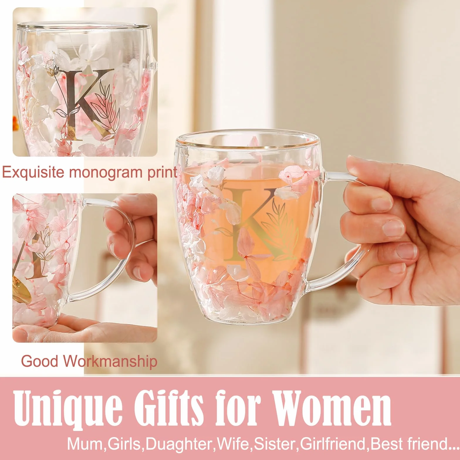 Personalizowany prezent dla kobiet - dwuscienne szklany kubek do kawy z motywem kwiatów z łyżeczką, monogramowany, spersonalizowany prezent, idealny na Boże Narodzenie, Walentynki, Dzień Matki