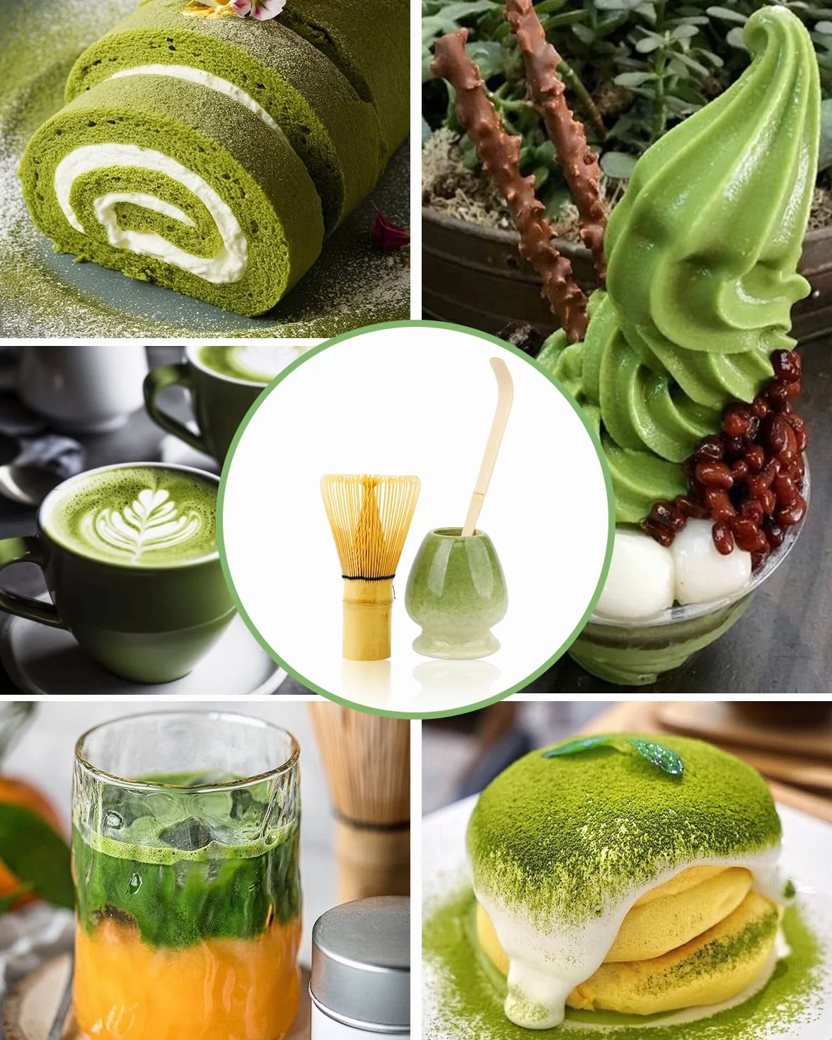 Zestaw Matcha - 5-częściowy zestaw japońskiej matchy, z miotłą, miską, uchwytem na łyżkę i sitkiem - zielony, japoński, ceramiczny, 5 szt