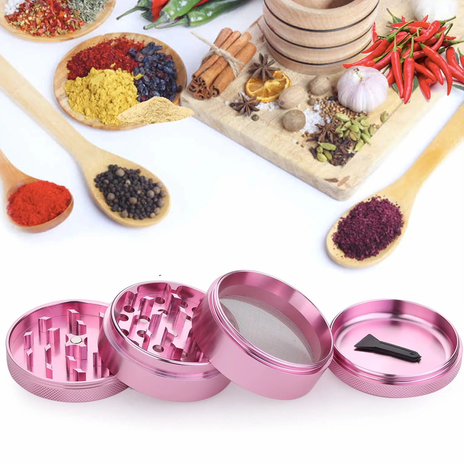 Herb Grinder, aluminiowy młynek premium 2,5 cala (63mm) z wytłoczonym kwiatem, 4-częściowy, duży młynek ze skrobakiem do pyłków (różowy)