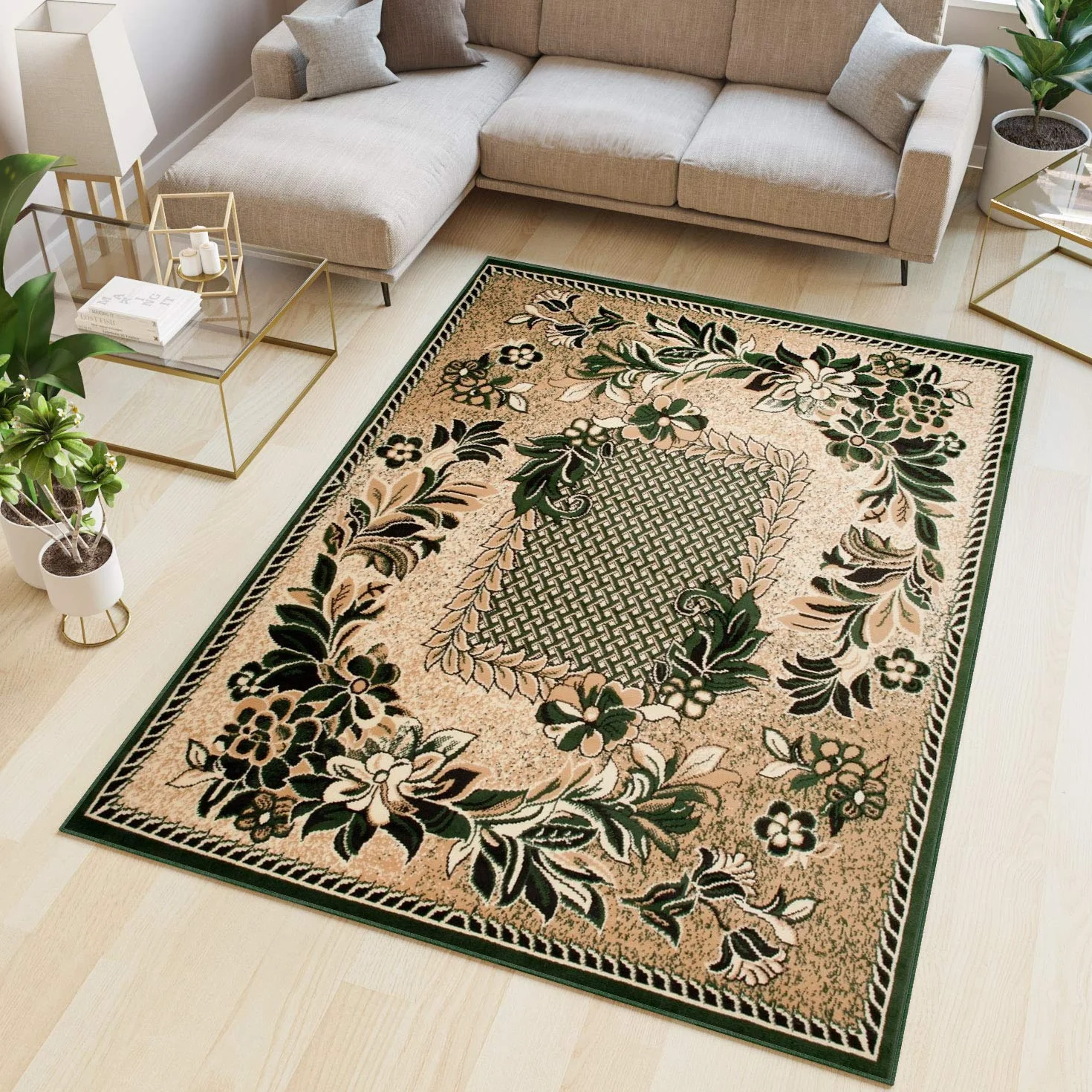 Tapiso Atlas dywan z krótkim włosiem, designerski, nowoczesny, abstrakcyjny, kwiatowe linie, zielony, beżowy, do salonu, pokoju gościnnego, Ökotex 140 x 200 cm