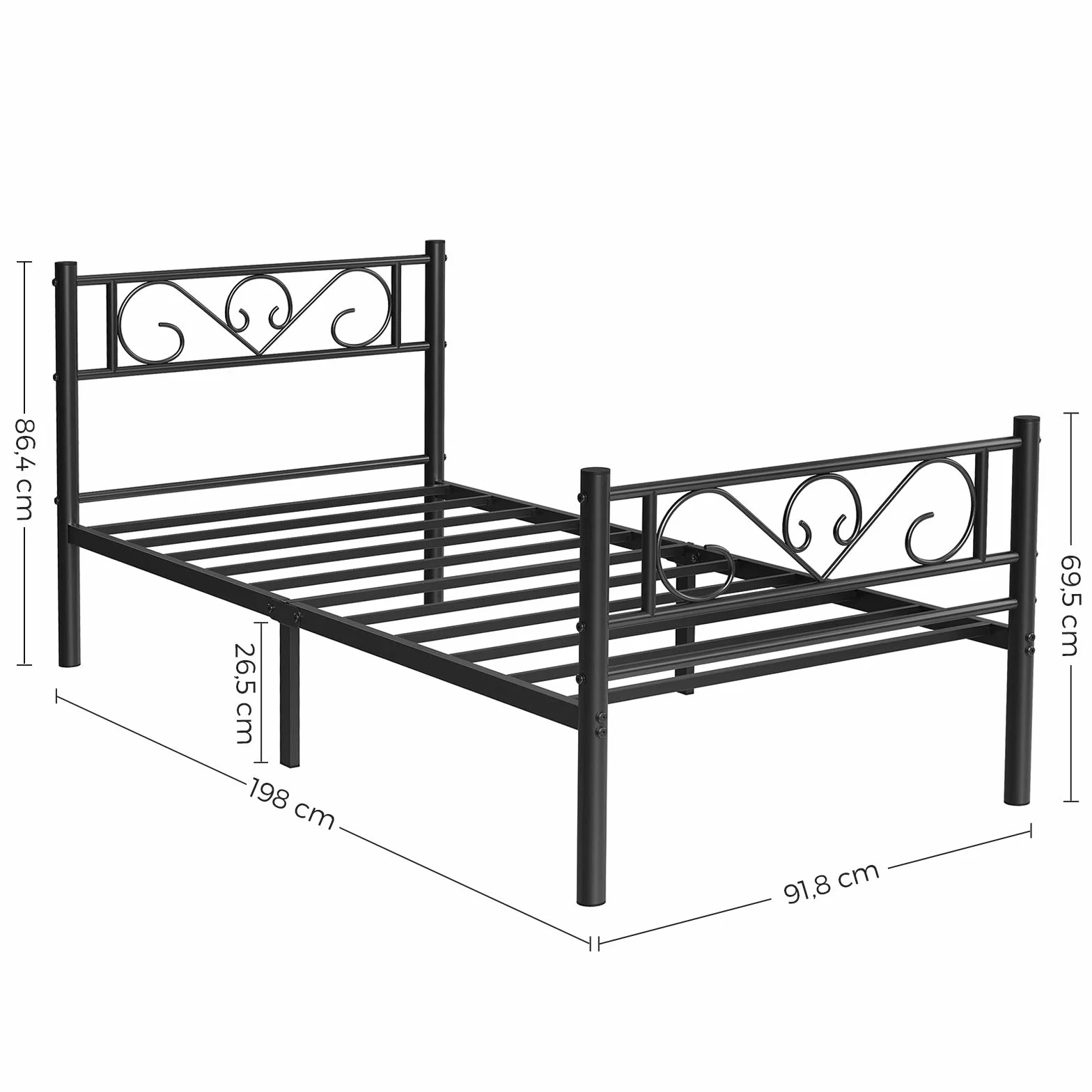 VASAGLE Łóżko 1-osobowe, metalowe pojedyncze łóżko, odpowiednie do materacy 190 x 90 cm, łatwy montaż, do małych przestrzeni, pokoju gościnnego, pokoju młodzieżowego, czarne, RMB061B01