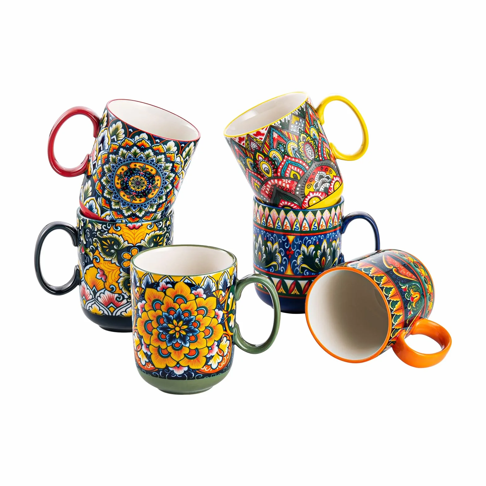 Zestaw 6 filiżanek do kawy, z uchwytem, 410 ml, porcelanowe filiżanki do herbaty, kawy, mleka, cappuccino, kolorowe, 6 sztuk w opakowaniu - styl boho