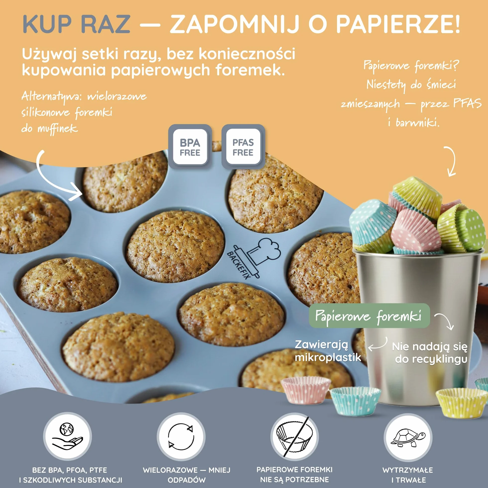Backefix elastyczna silikonowa forma do muffinek (12 szt.) – forma na muffiny z platynowego silikonu, nieprzywierająca, do zmywarki, bez BPA i PFAS, dla równomiernych muffinów, babeczek i cupcakes