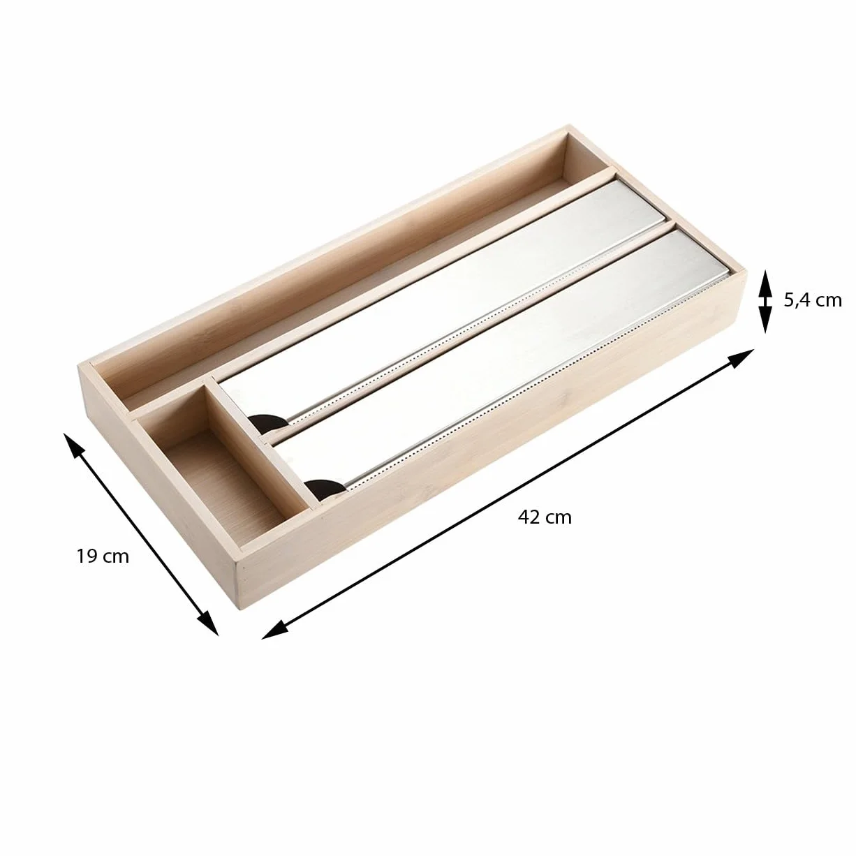 FSC Dozownik folii kuchennej na 2 rolki folii - białe drewno bambusowe FSC - z 2 płkami do przechowywania - dozownik folii do szuflad kuchennych do folii aluminiowej i gospodarstwa domowego