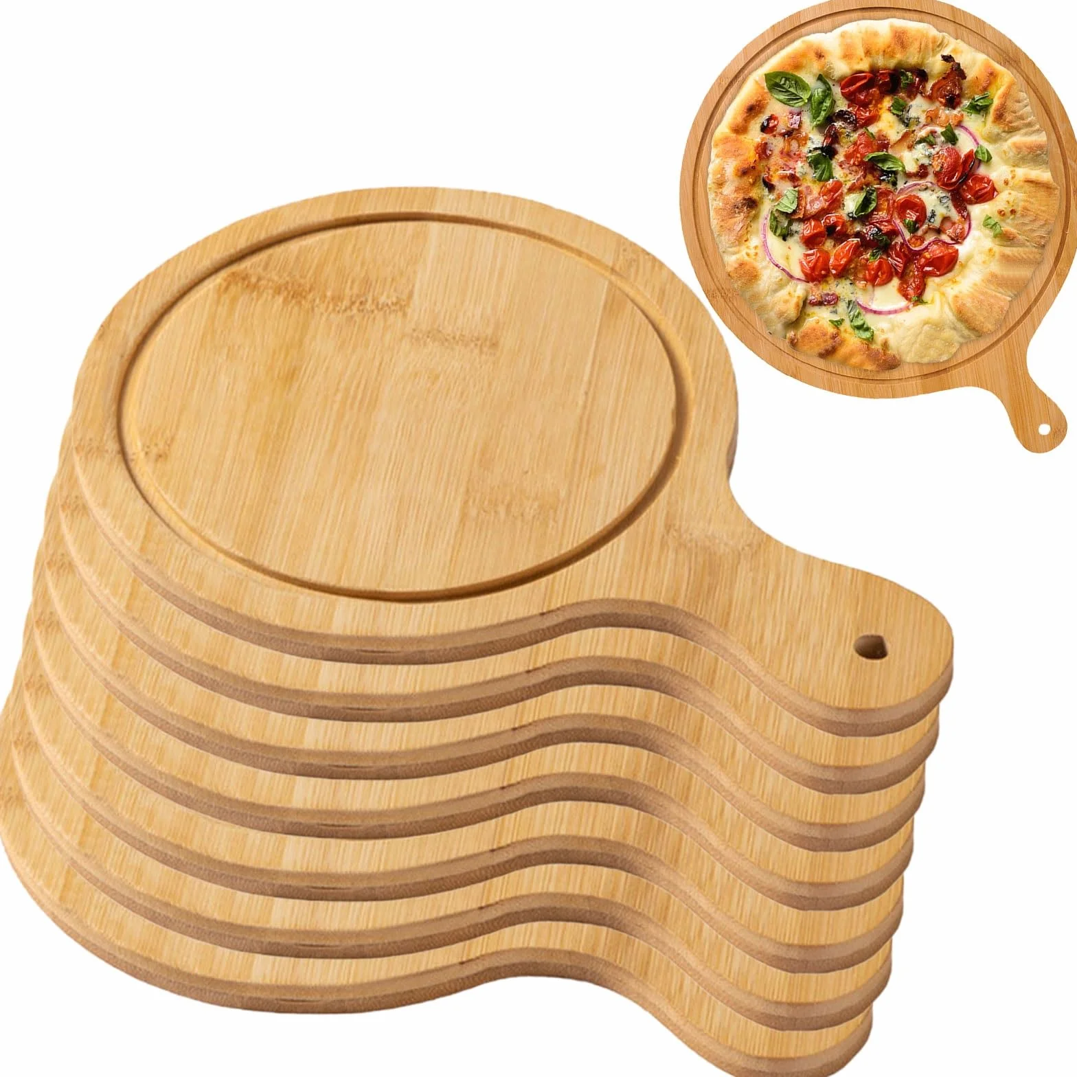 Lekkie drewniane deski do serwowania pizzy z uchwytami, idealne do robienia i przechowywania pizzy, do 33 cm, jasnobrązowe, idealne na imprezy i spotkania, 8 szt