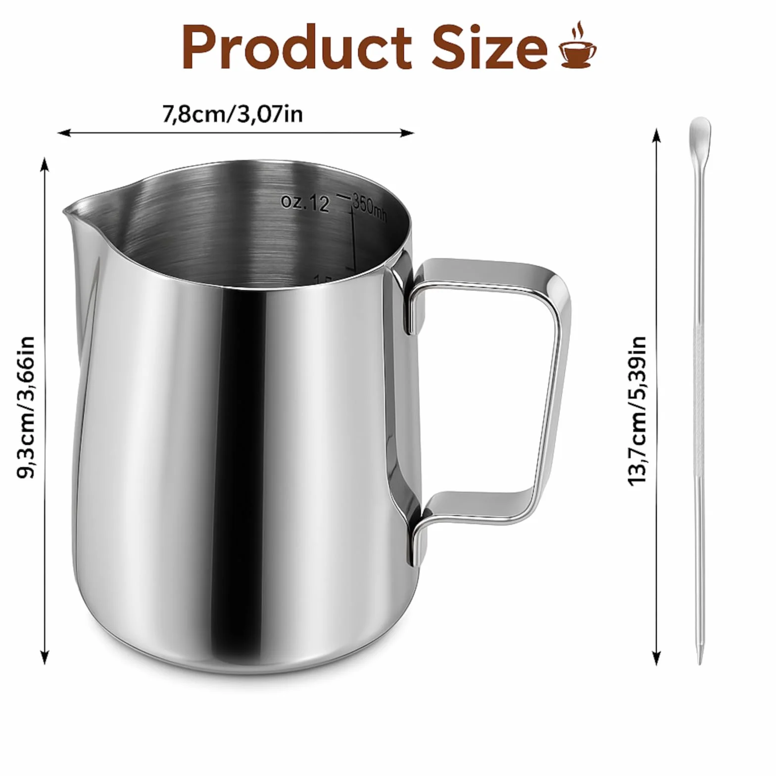 KITDAHOM ręczny dzbanek do spieniania mleka ze stali nierdzewnej 350 ml ze skalą dozownik do śmietany w zestawie z igłą do latte art