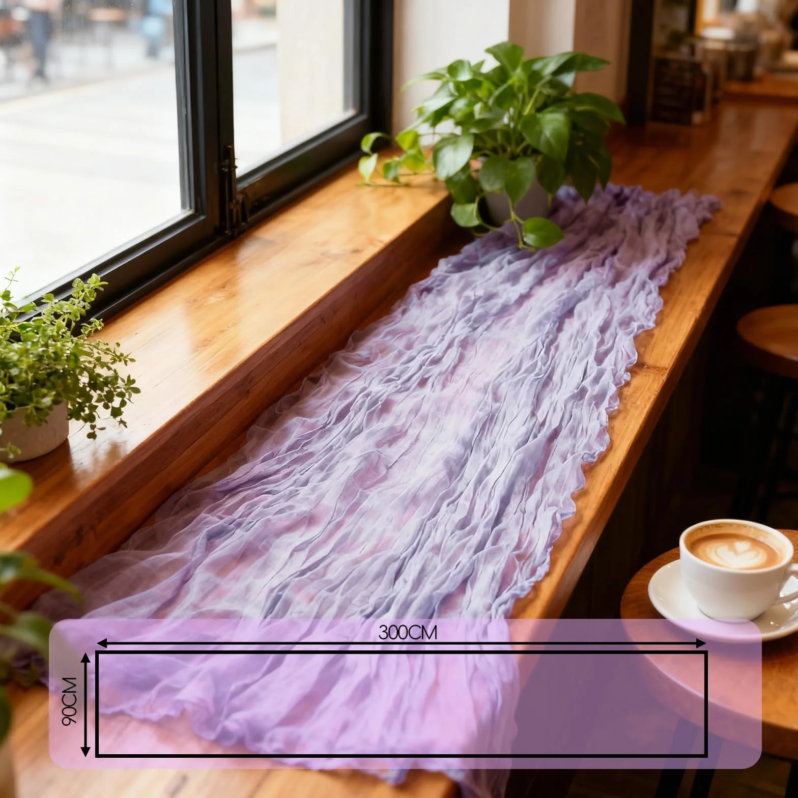 Bieżnik na stół, muślinowy, 90 x 300 cm, cienki materiał dekoracyjny, bieżnik w stylu boho, na wesele, wesele, dekoracja stołu, nadaje się do prania (jasnofioletowy)