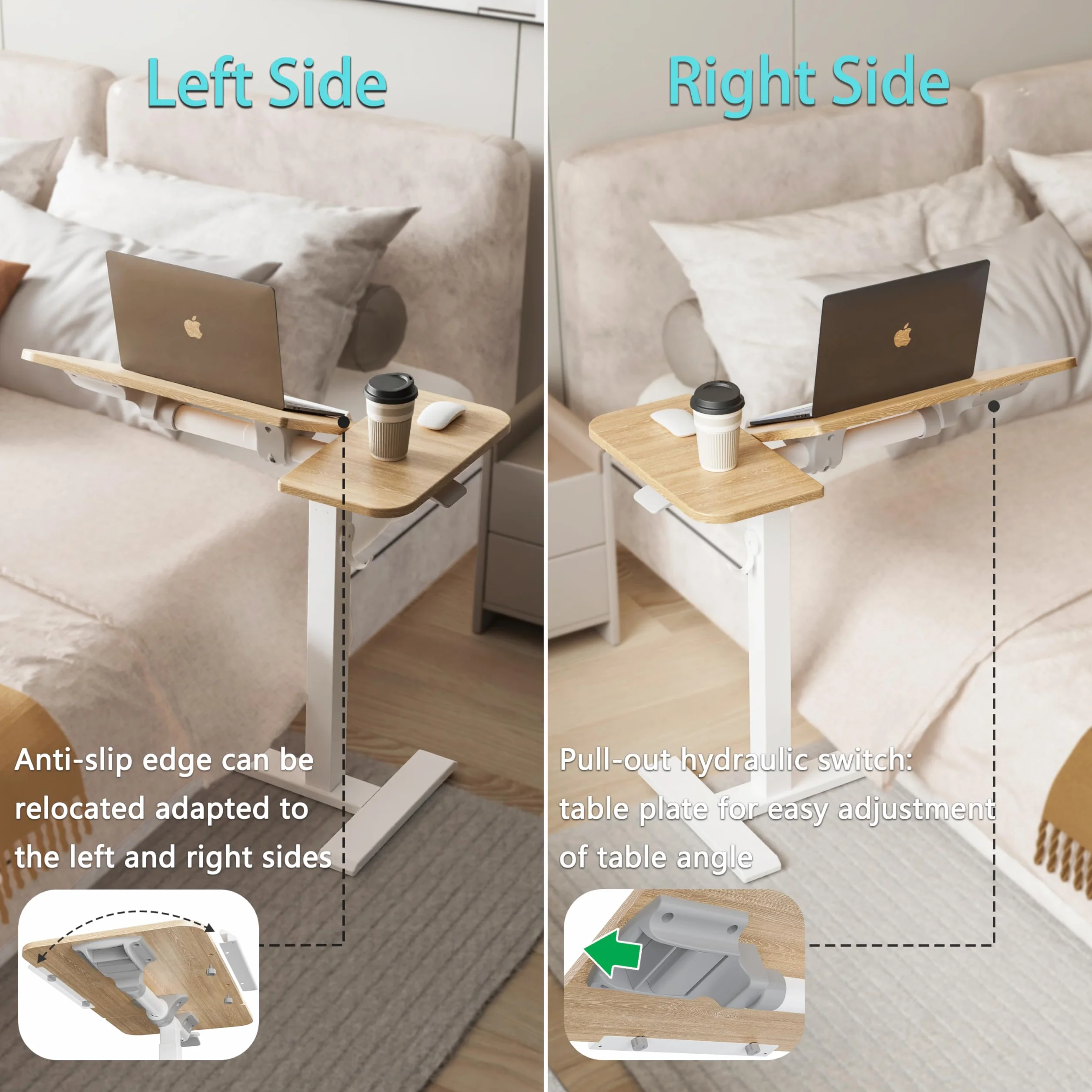 ETHU Stolik pod laptopa z regulacją wysokości, wielofunkcyjny stolik pomocniczy z uchylnym blatem roboczym i wpuszczanymi kółkami, mobilny stolik do łóżka, ergonomiczny stolik stojący do biura i domu