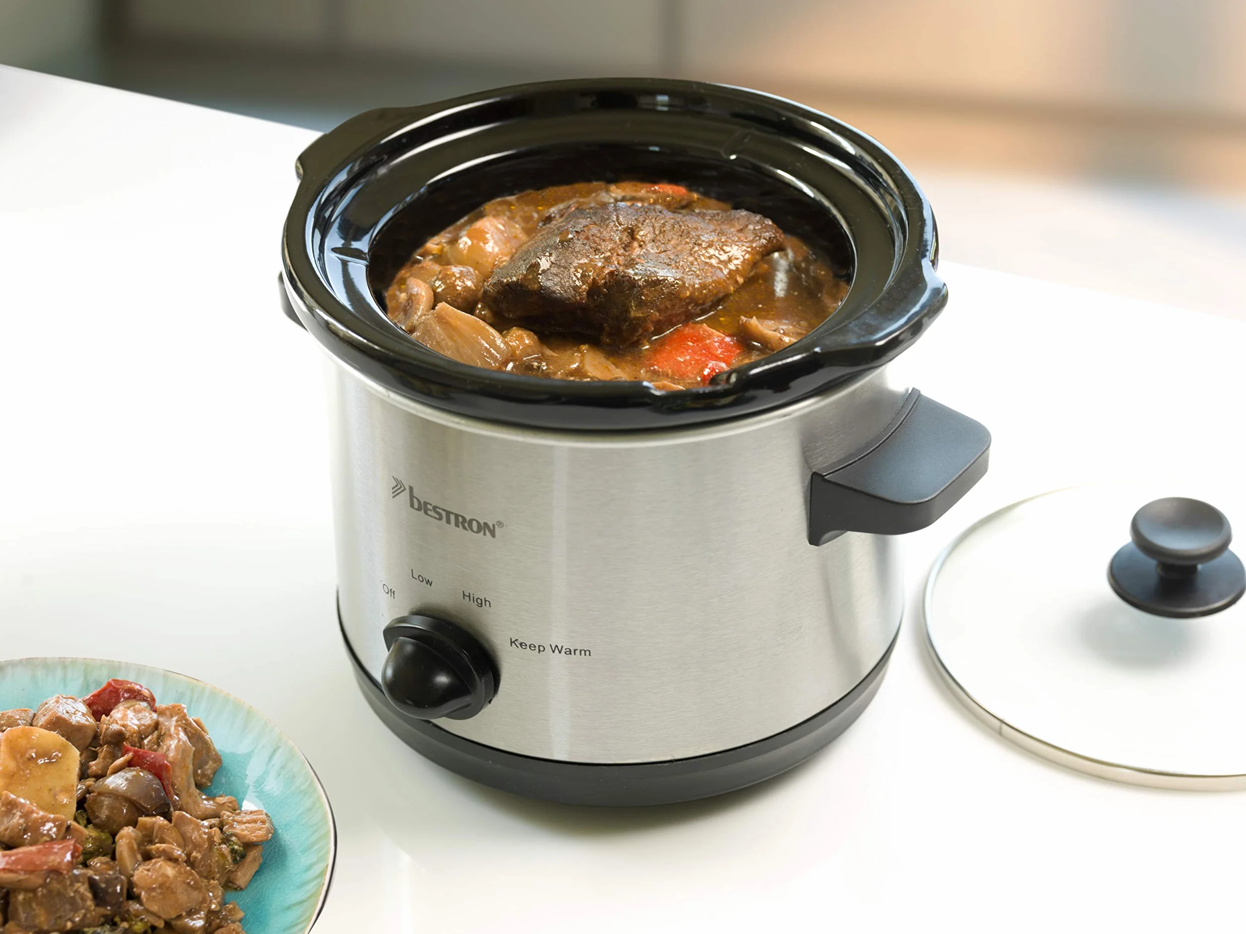 Bestron Slowcooker 1,5 L dla 2 osób, wolnowar z ceramiczną patelnią i szklaną pokrywką, 3-stopniowy termostat, srebrny
