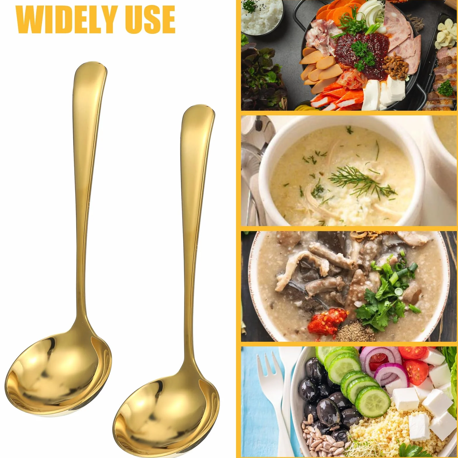 Bewudy Łyżka do zupy ze stali nierdzewnej, 20 cm, chochla do zupy ze stali nierdzewnej, łyżka do serwowania zup i dań jednogarnkowych, do bulionów, sosów i serwowania (złoty)