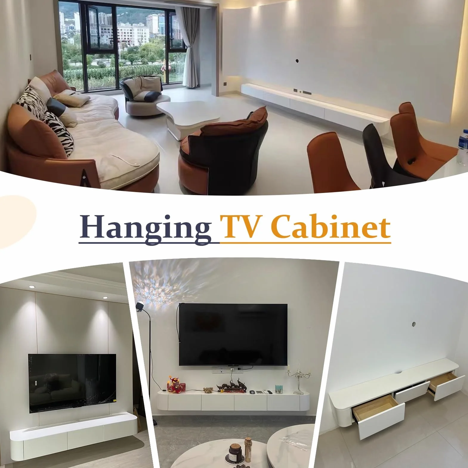 Floating TV Unit Wall Mounted TV Cabinet with 4 Cabinets Wooden Entertainment Media Console Center Large Storage TV Bench White 200cm