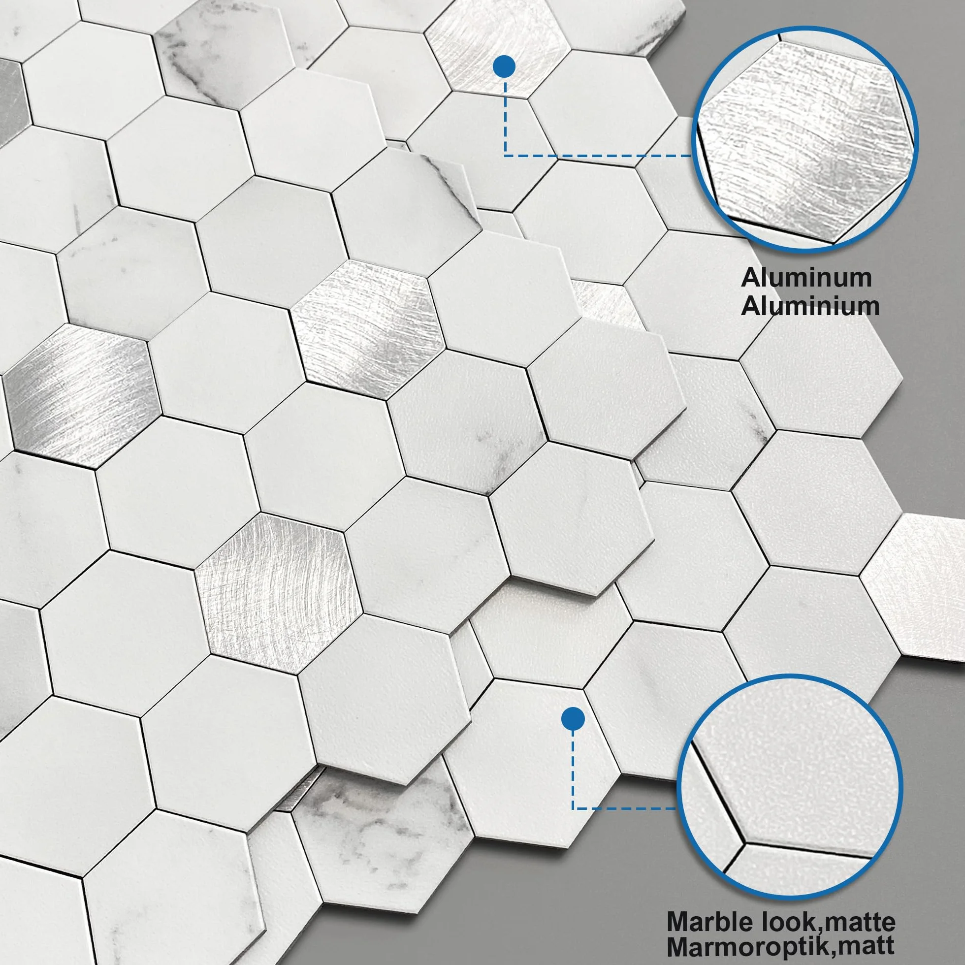 MOFIT Samoprzylepne naklejki na płytki ścienne 3D, efekt marmuru i metalowa mozaika, odklej i przyklej, płytki ścienne, odporne na ciepło (białe srebro, 10 arkuszy)