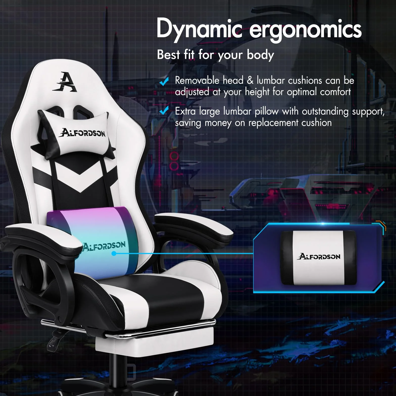 ALFORDSON Ergonomiczne krzesło do gier z oświetleniem RGB z 12 kolorowymi diodami LED, fotel z podparciem lędźwiowym i podnóżkiem, sztuczna skóra, biały