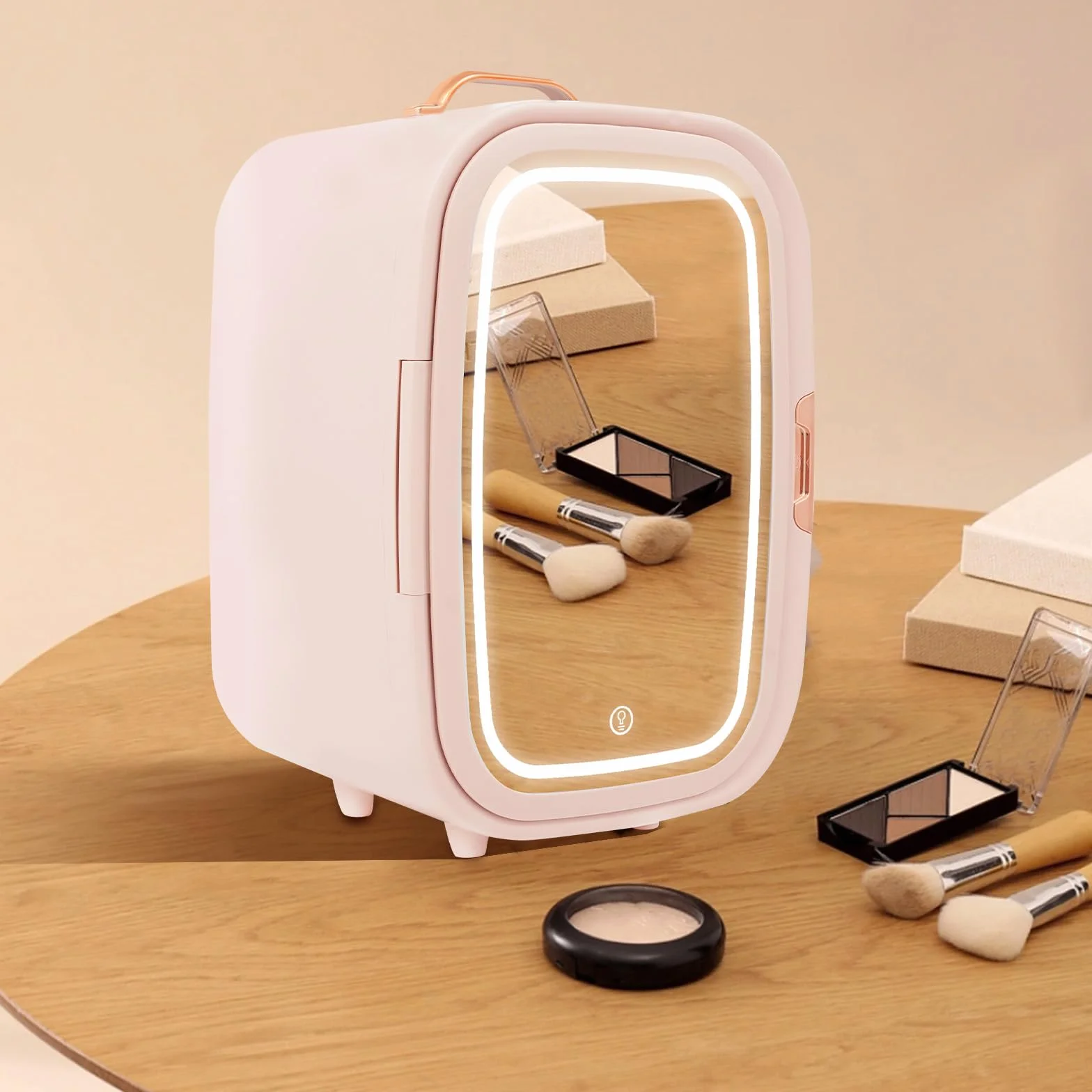 Mini lodówka kosmetyczna, mini lodówka z 3-stopniowym lustrem LED, mała lodówka Skincare z funkcją chłodzenia i ogrzewania, do sypialni, biura i samochodu (różowa)