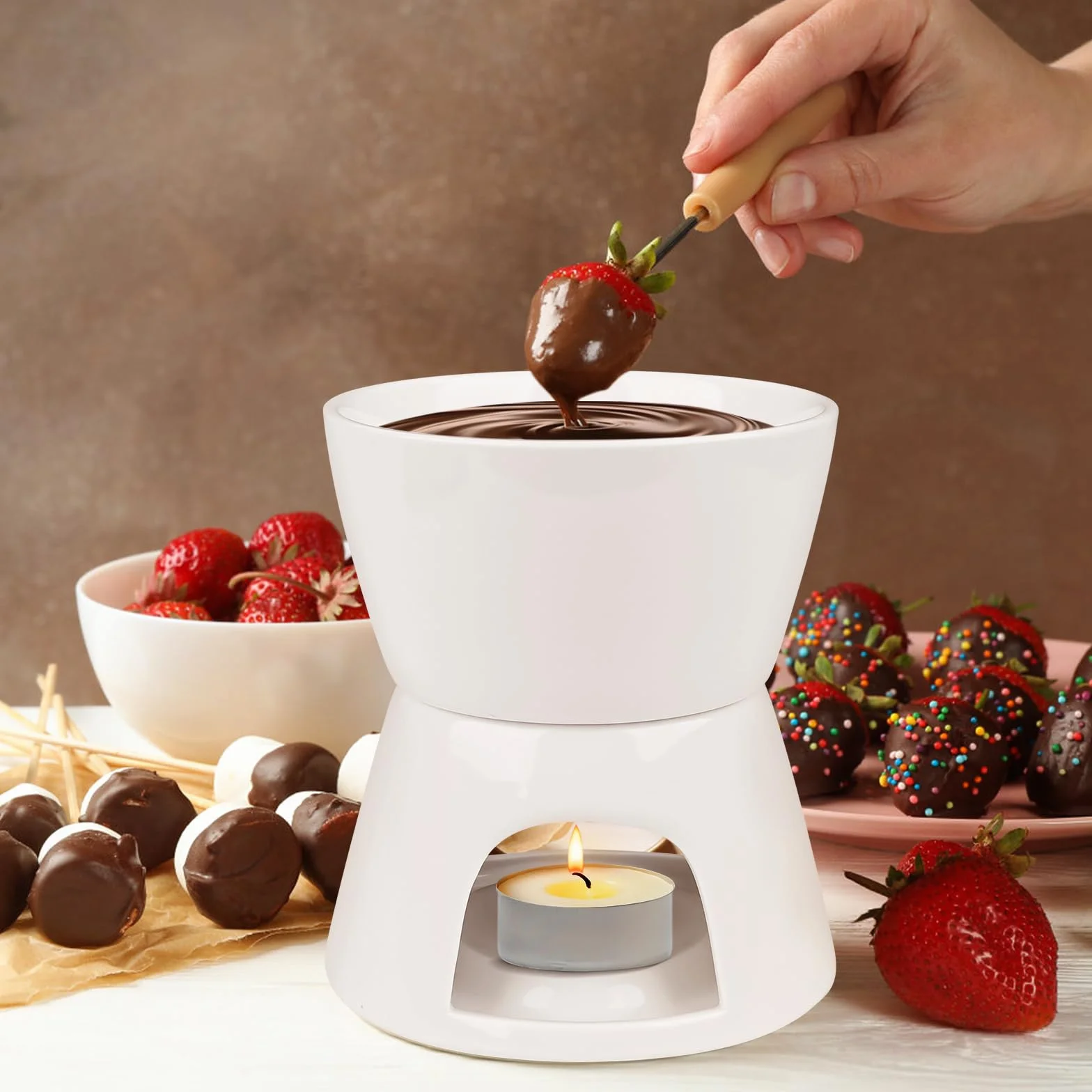 Zestaw do fondue czekoladowego, ceramiczny, mini fondue czekoladowe, fondue, fondue, zestaw garnków, świec, widelec, ceramika, czekoladowe fondue, biały garnek do fondue z porcelany z 4 widelcami, do