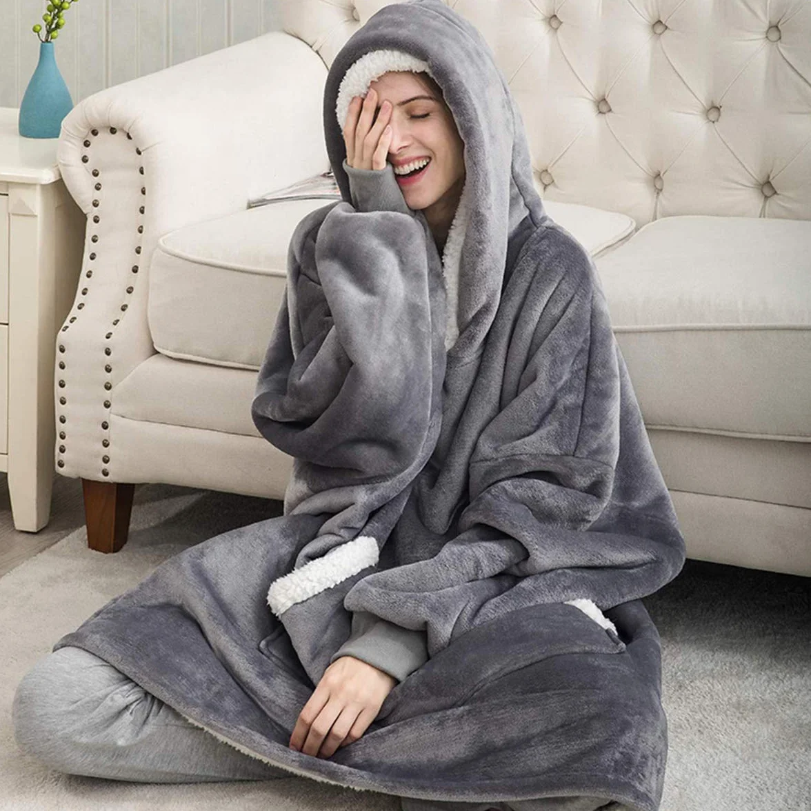 IvyH Bluza z kapturem, duże wymiary, oversize, wyjątkowo miękka, ciepła, pluszowa, rozmiar uniwersalny, dla mężczyzn, kobiet, dziewcząt, chłopców, uniseks, szary, jeden rozmiar