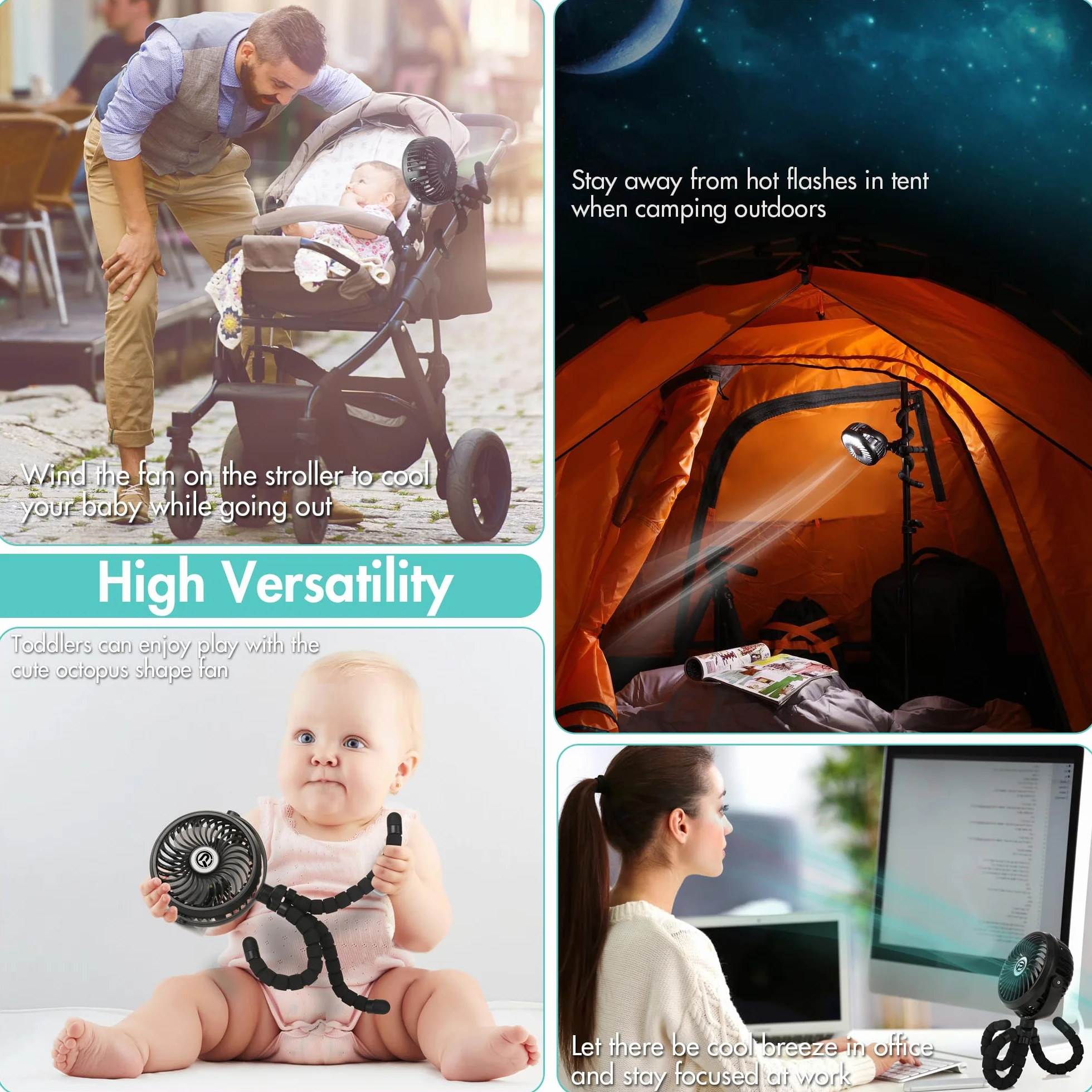 Mini Ventilador USB,2600mAh alimentado por batería oscilante 360° Girar 3 Velocidades para coche / cochecito / caminadora / camping / barbacoa / gimnasio