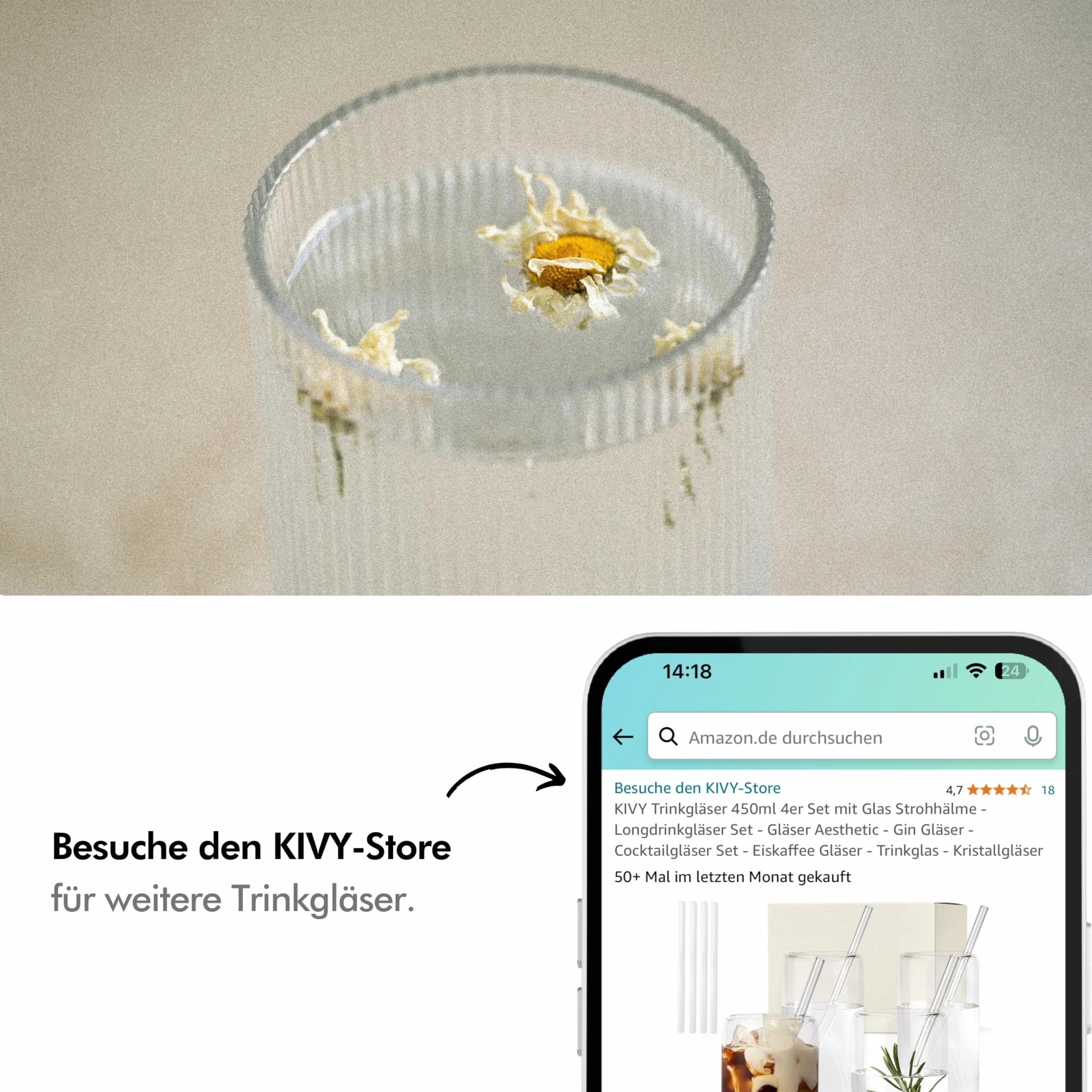 KIVY Zestaw Szklanek Do Picia Ze Szklanymi Słomkami [4 x 450 ml] Do Mrożonej Kawy, Wody i Koktajli