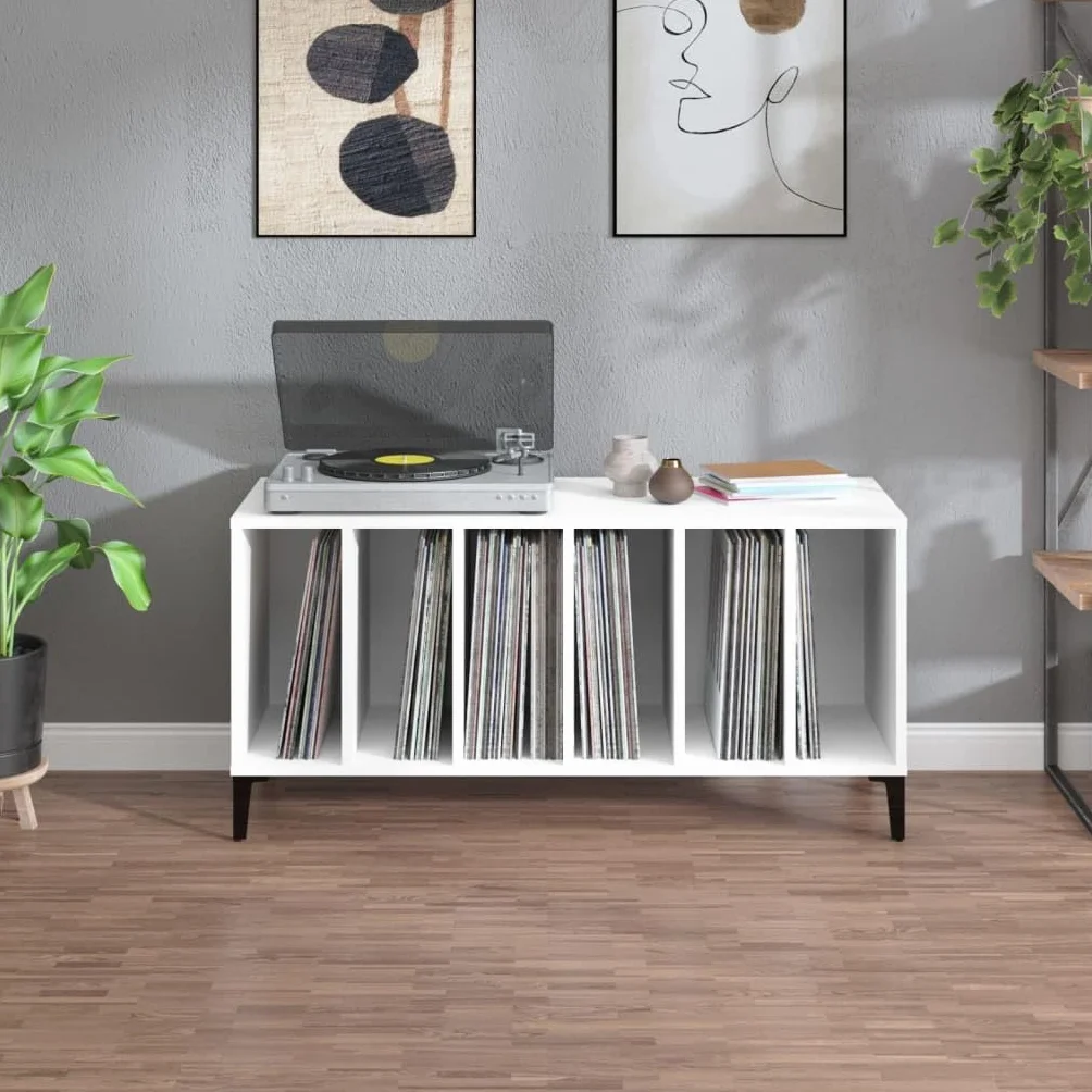 Szafka panelowa biała 100 x 38 x 48 cm, wytrzymały materiał drewnopochodny, winylowa szafka do przechowywania z metalowymi nogami, idealna do płyt winylowych, uniwersalna szafka pomocnicza w