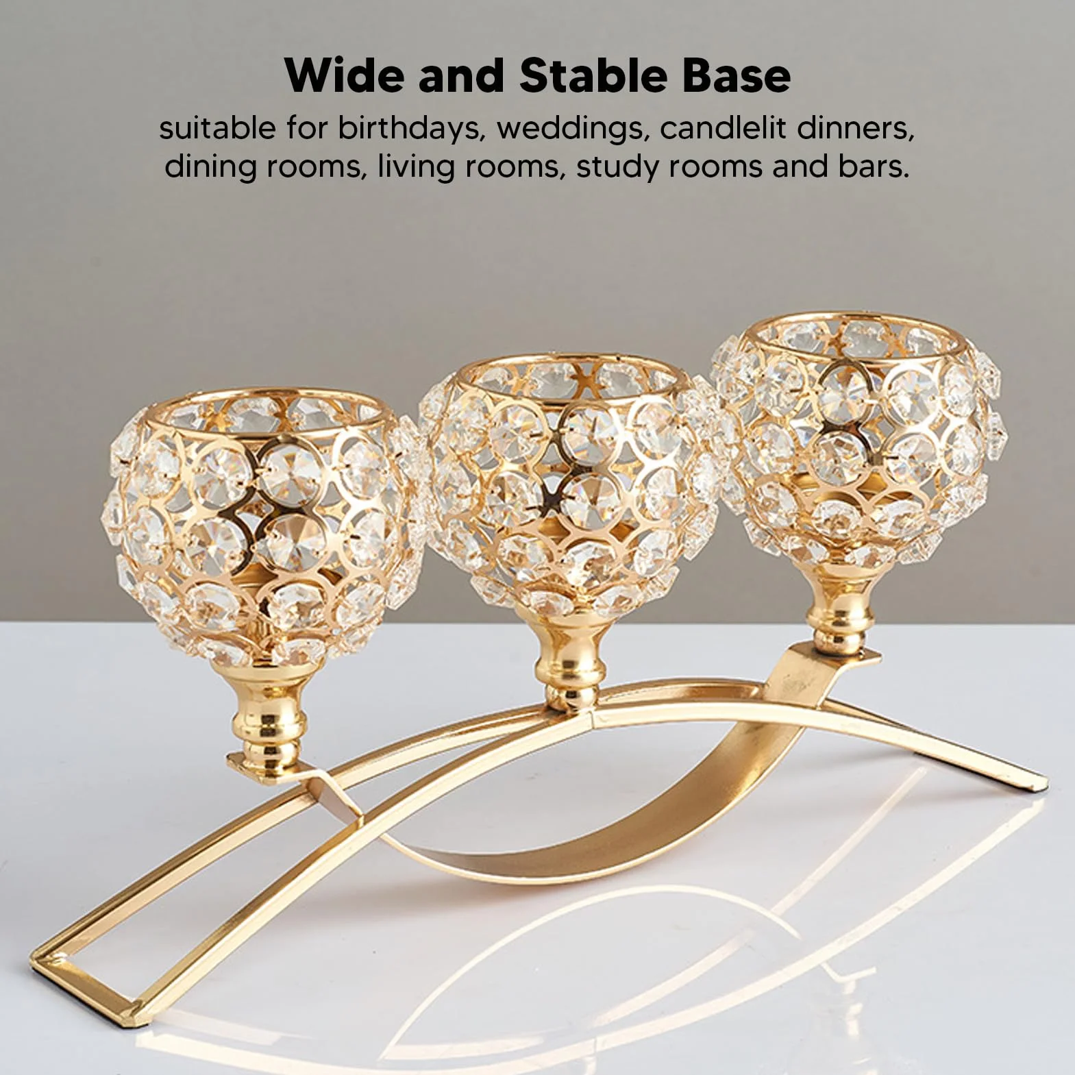 Gold Crystal Candle Holders, 3 Ramiona Kryształowa Miska Tealight Candelabra, Wiatroodporna Konstrukcja, Szeroka Podstawa do Stolika Centralnego Wystroju Domu ślub ślub