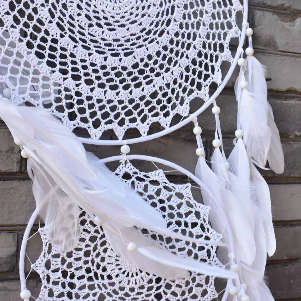 duży łapacz snów z białym piórem, 3 koła, makrama, do powieszenia na ścianie, w stylu Vintage, dekoracje ślubne, domu, 35 cm koło, 110 cm długości