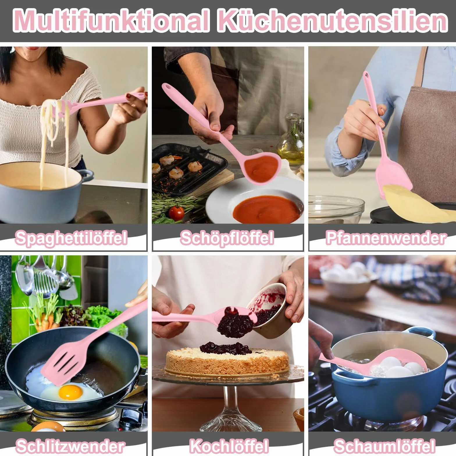 Homikit Silikonowy zestaw przyborów kuchennych, 16 sztuk, odporne na wysokie temperatury, różowe przybory kuchenne z uchwytem na przybory, zdrowe i nieprzywierające, nadają się do mycia w zmywarce