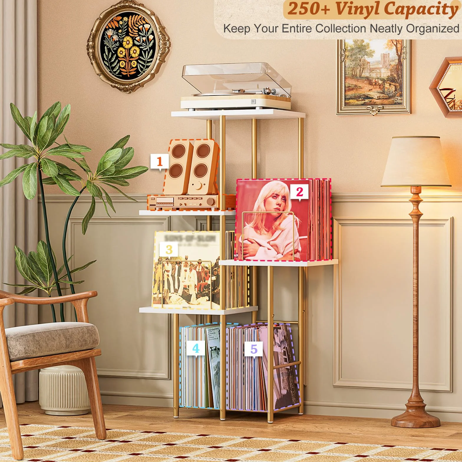 Bikoney Skivspelarbord Mid-Century Modern med Vinylförvaring för LP | Elegancka Wysoka Konsola Drewniana W Stylu Mid-Century Do Salonu, Pojemna Szafka Na Gramofon I Organizer Na Płyty LP