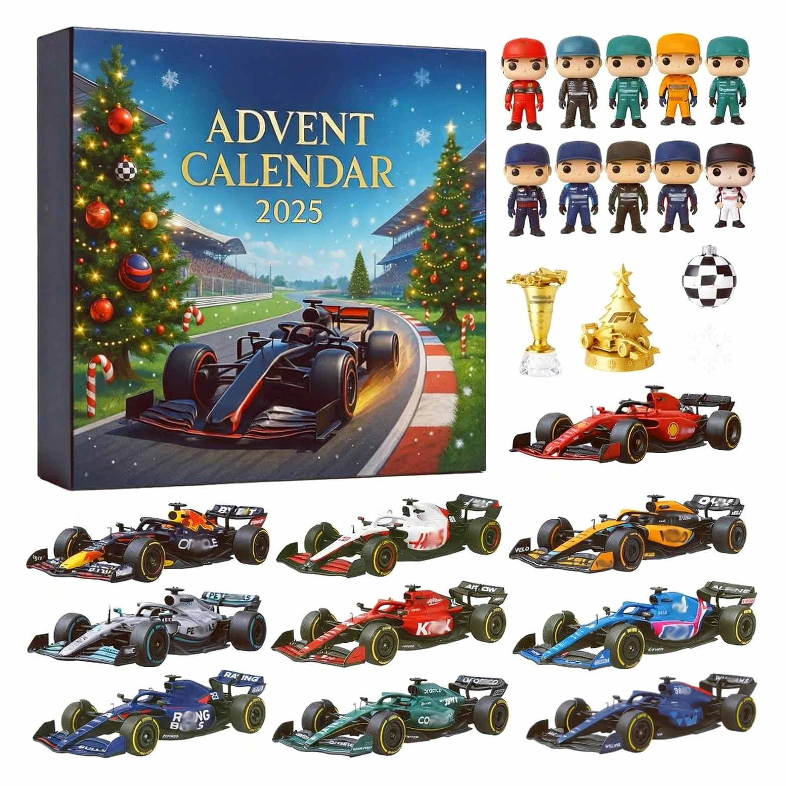 Racing 2025 Christmas Advent Calendar, 24-Day Countdown, 2D Racing Team Ornament, Holiday Surprise for Boys and Girls
