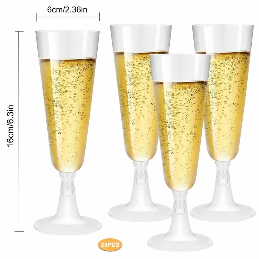 25 sztuk plastikowych kieliszków do szampana, 150 ml, przezroczyste kieliszki do szampana, kieliszki do szampana, kieliszki do szampana, na przyjęcie szampana, imprezę, wesele, urodziny