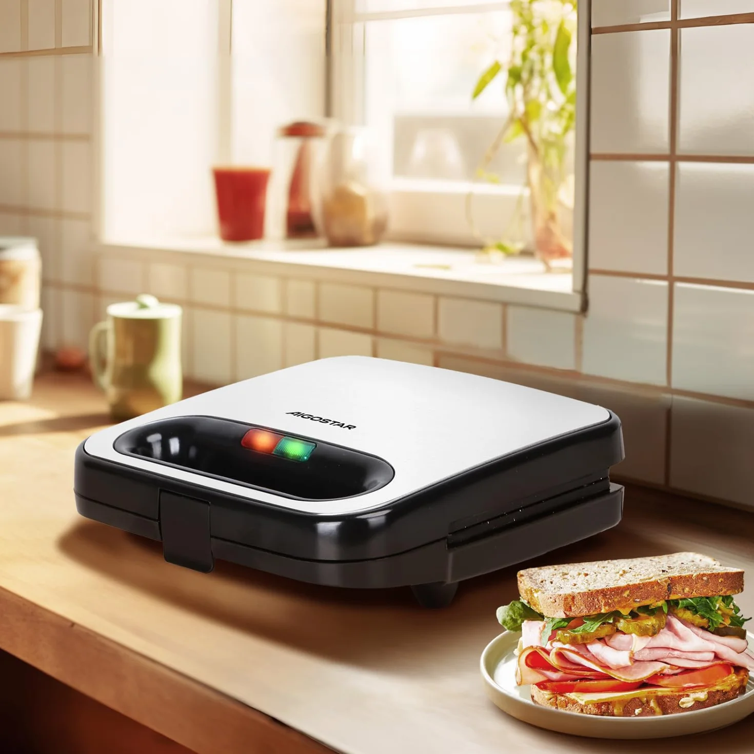 Aigostar - Opiekacz do kanapek, powłoka ceramiczna nieprzywierająca, automatyczna regulacja temperatury 180-200℃, wskaźniki świetlne, uchwyt zimny w dotyku, przechowywanie pionowe, 750W, Lamo Pro