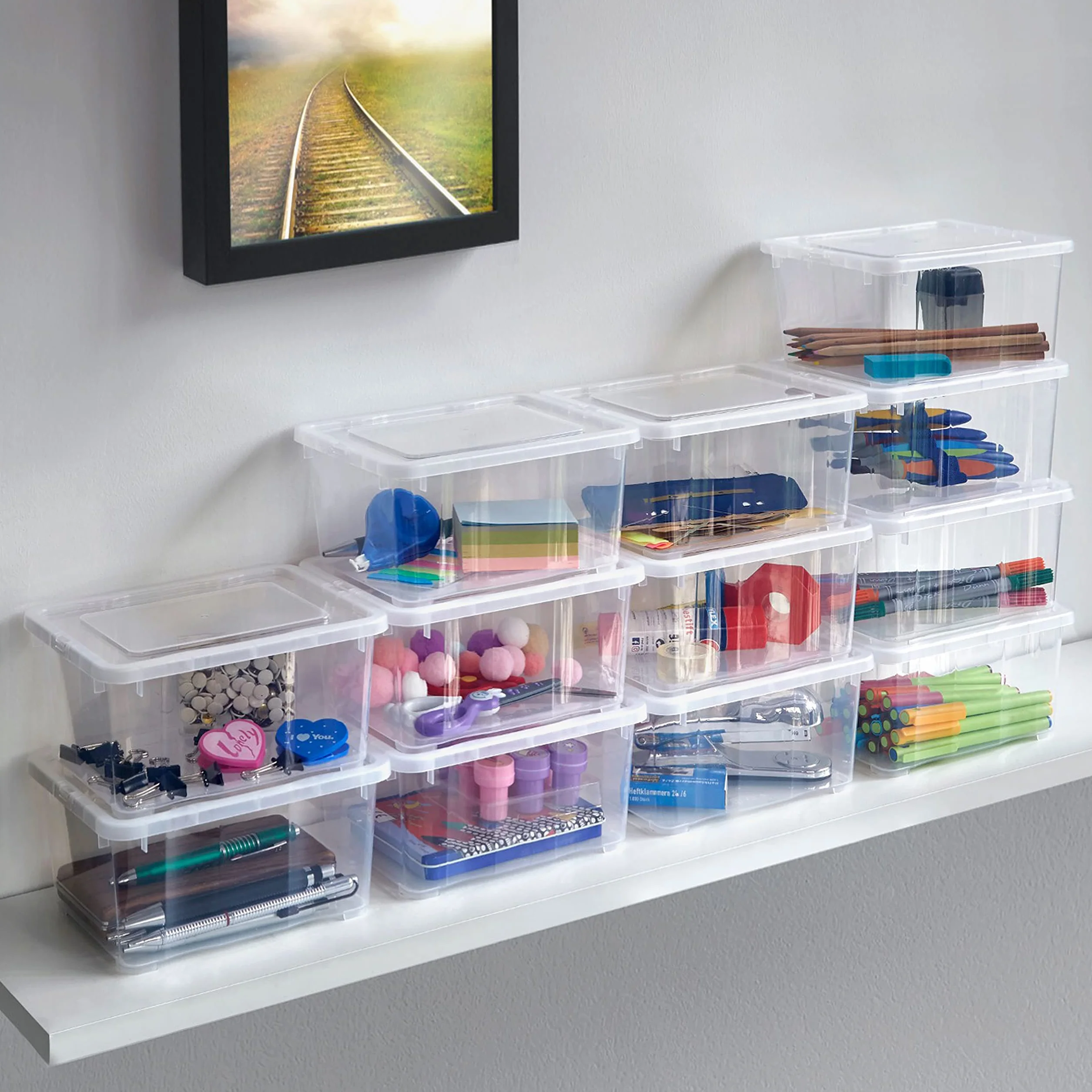 Grizzly małe pudełka do organizowania z pokrywkami, 1,7 litra, przezroczyste pojemniki do układania w stos, przezroczysty organizer, 19 x 14,5 x 9 cm, 12 sztuk