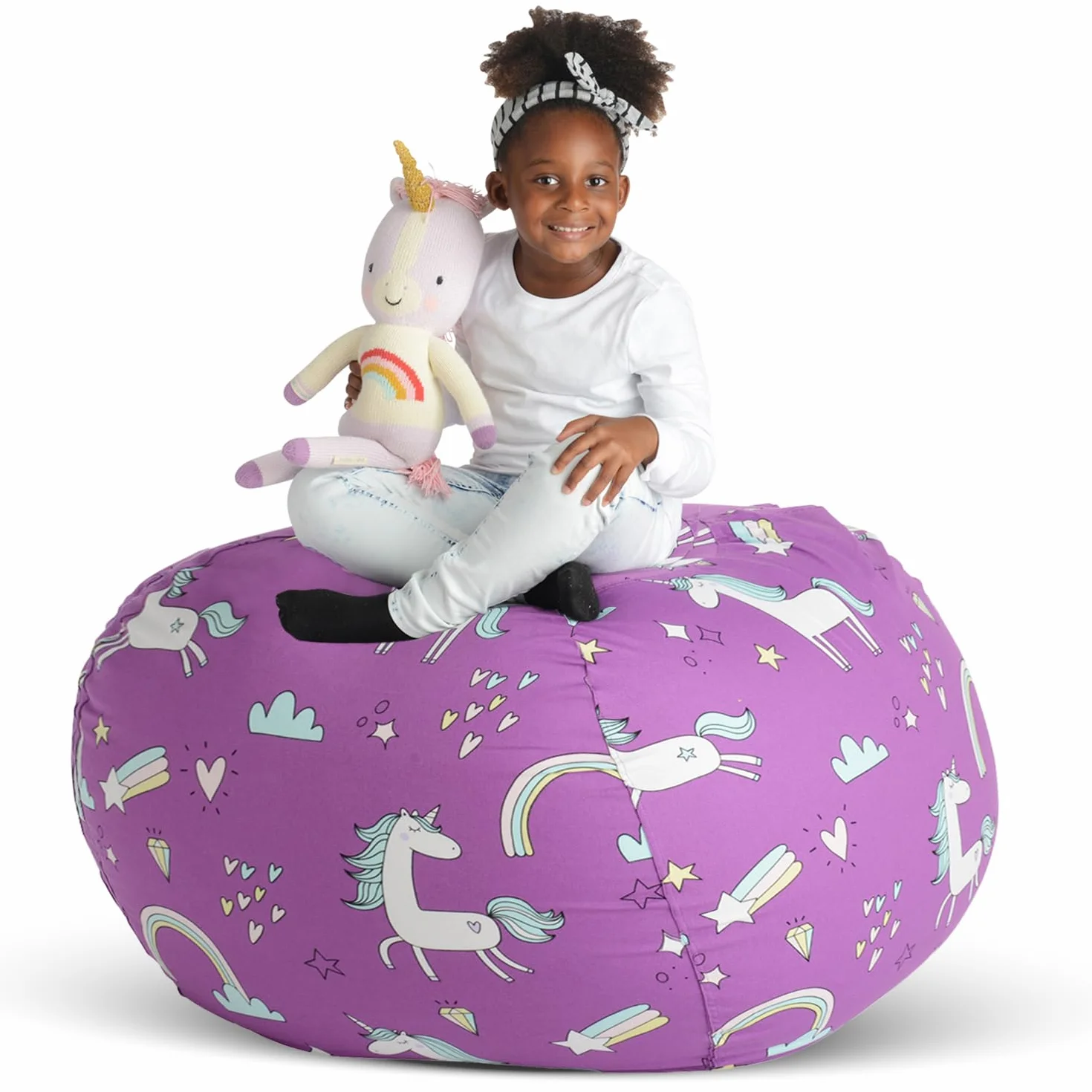 Creative QT Stuff 'n Sit bardzo duży worek do siedzenia 92 cm, pokrowiec do przechowywania wypchanych zwierząt i zabawek, fioletowy nadruk jednorożca, organizer do pokoju dla małych dzieci i dzieci,