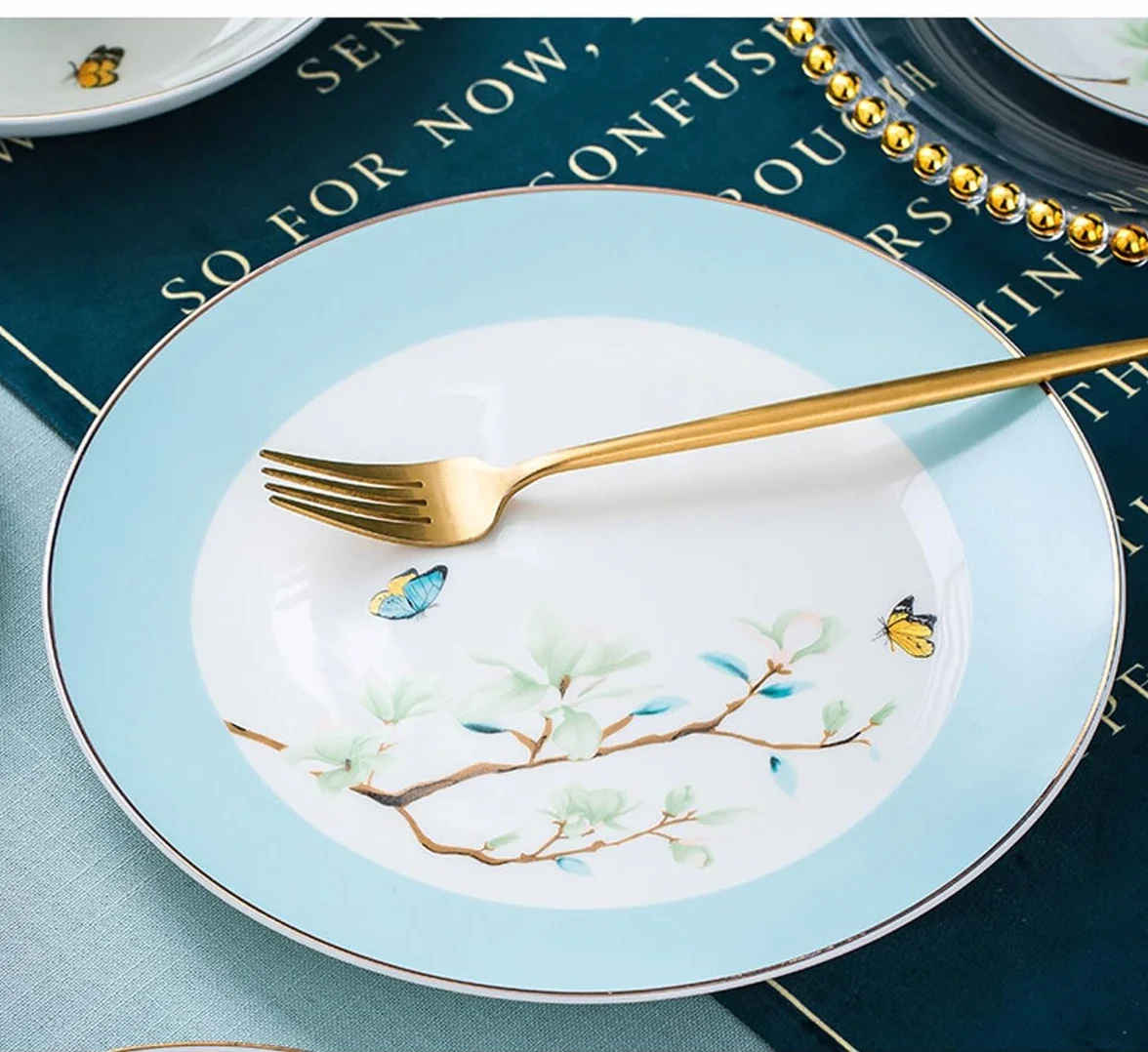 H3TF5J Angielski zestaw stołowy porcelanowy, 60 sztuk kości China, zastawa stołowa, niebieski kwiatowy wzór ceramiczny, kuchenka mikrofalowa i zmywarka